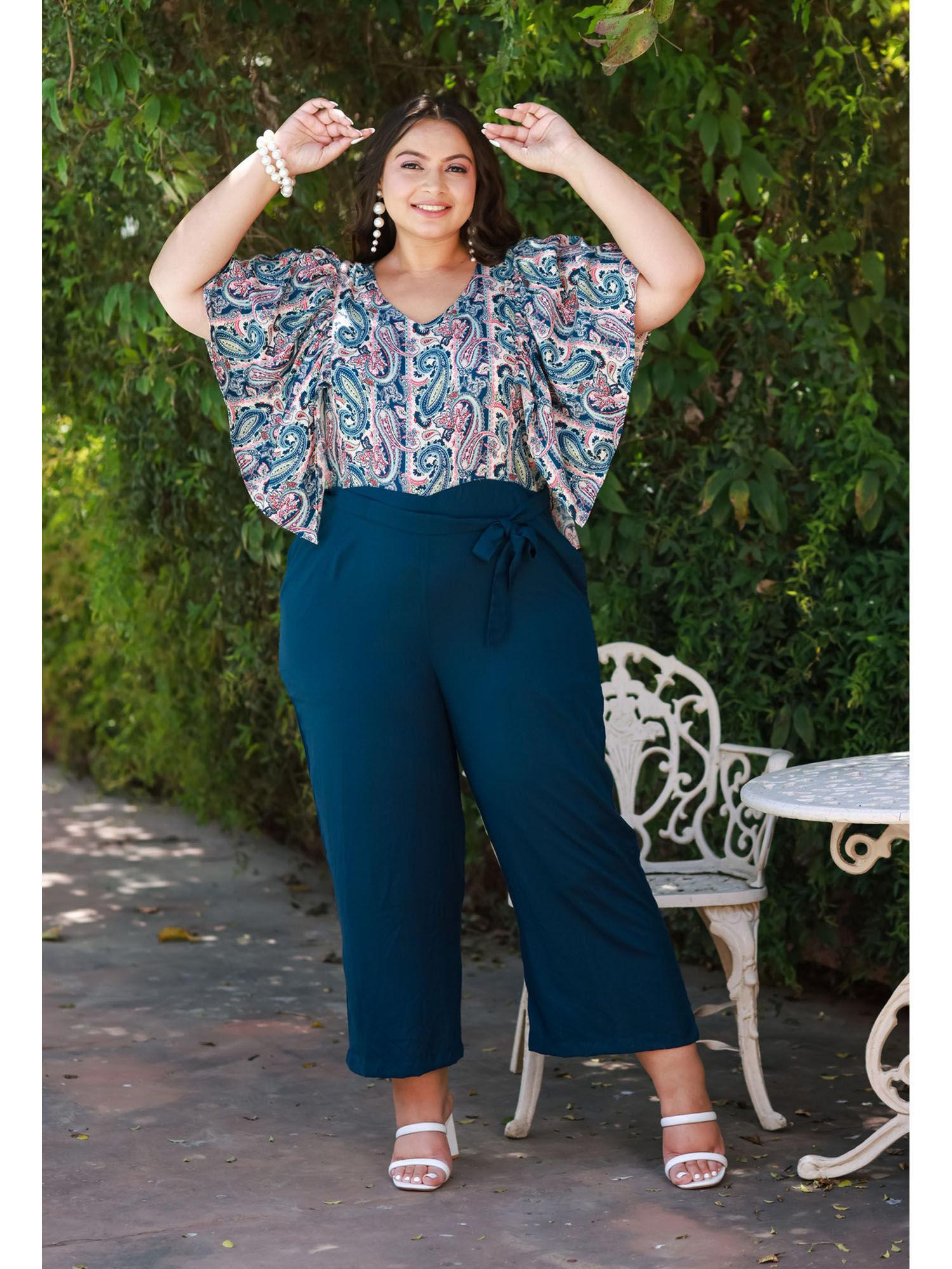 plus size teal blue floral rayon jumpsuit (set of 2)