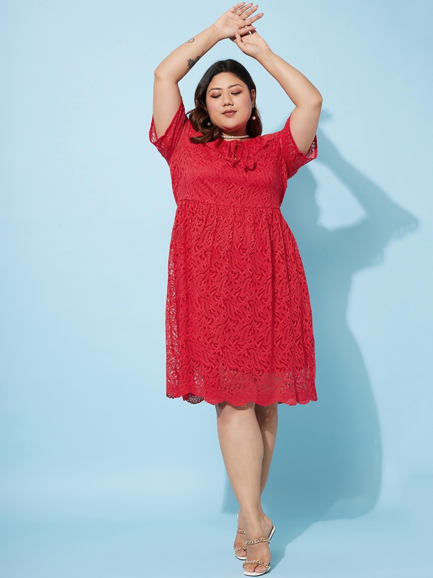 plus size tie-up neck lace fit flare dress - red