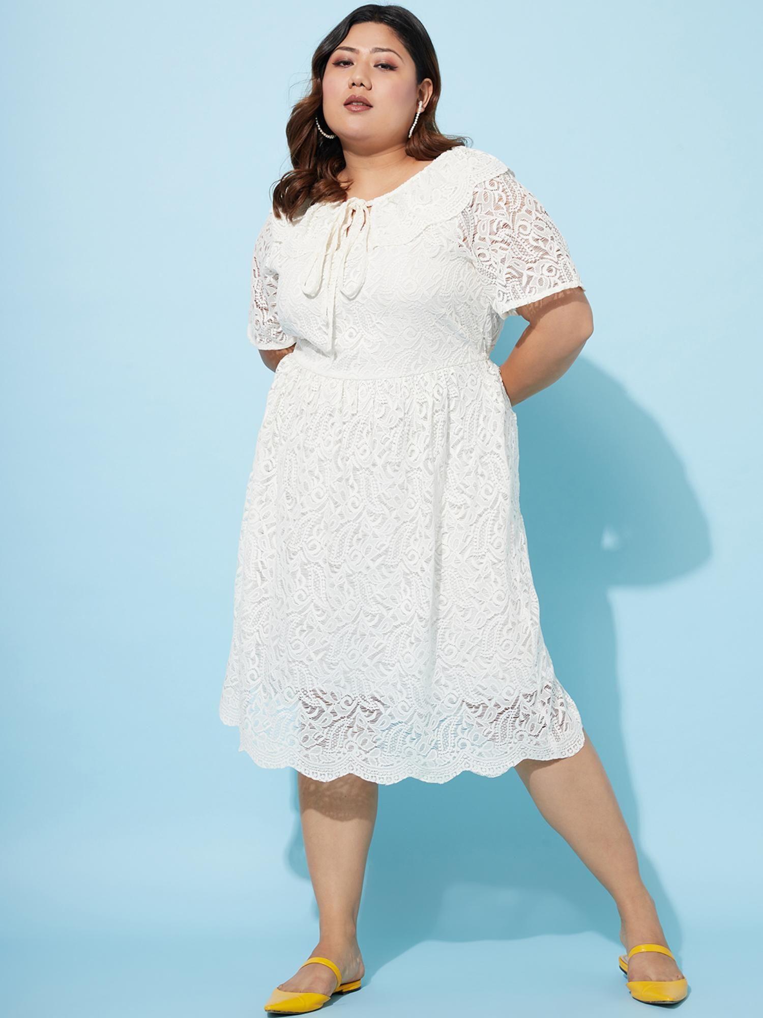 plus size tie-up neck lace fit flare dress - white