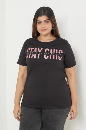 plus size typographic cotton round neck women's t-shirt - black