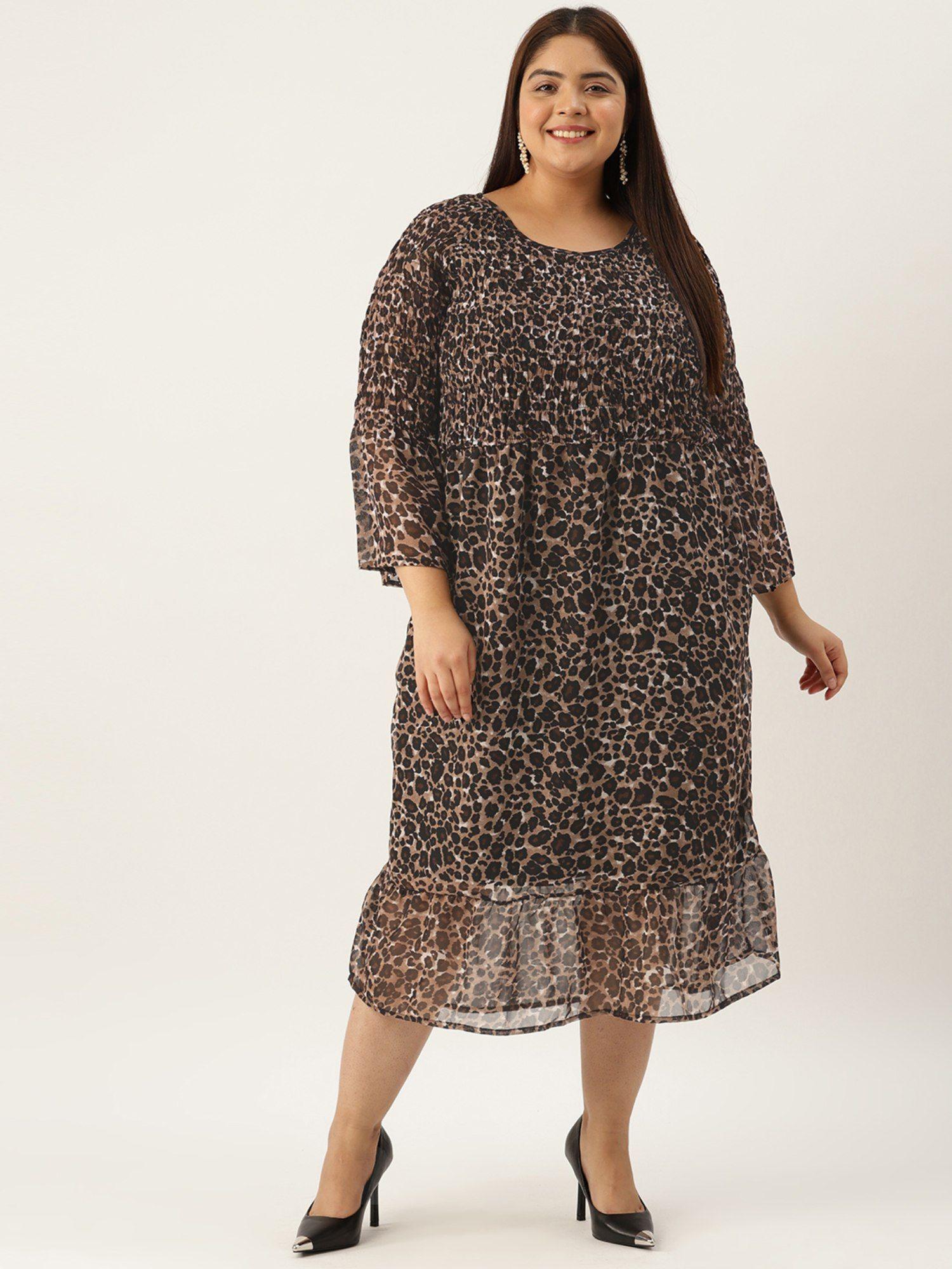 plus size women's animal printed smocked georgette a-line midi dress