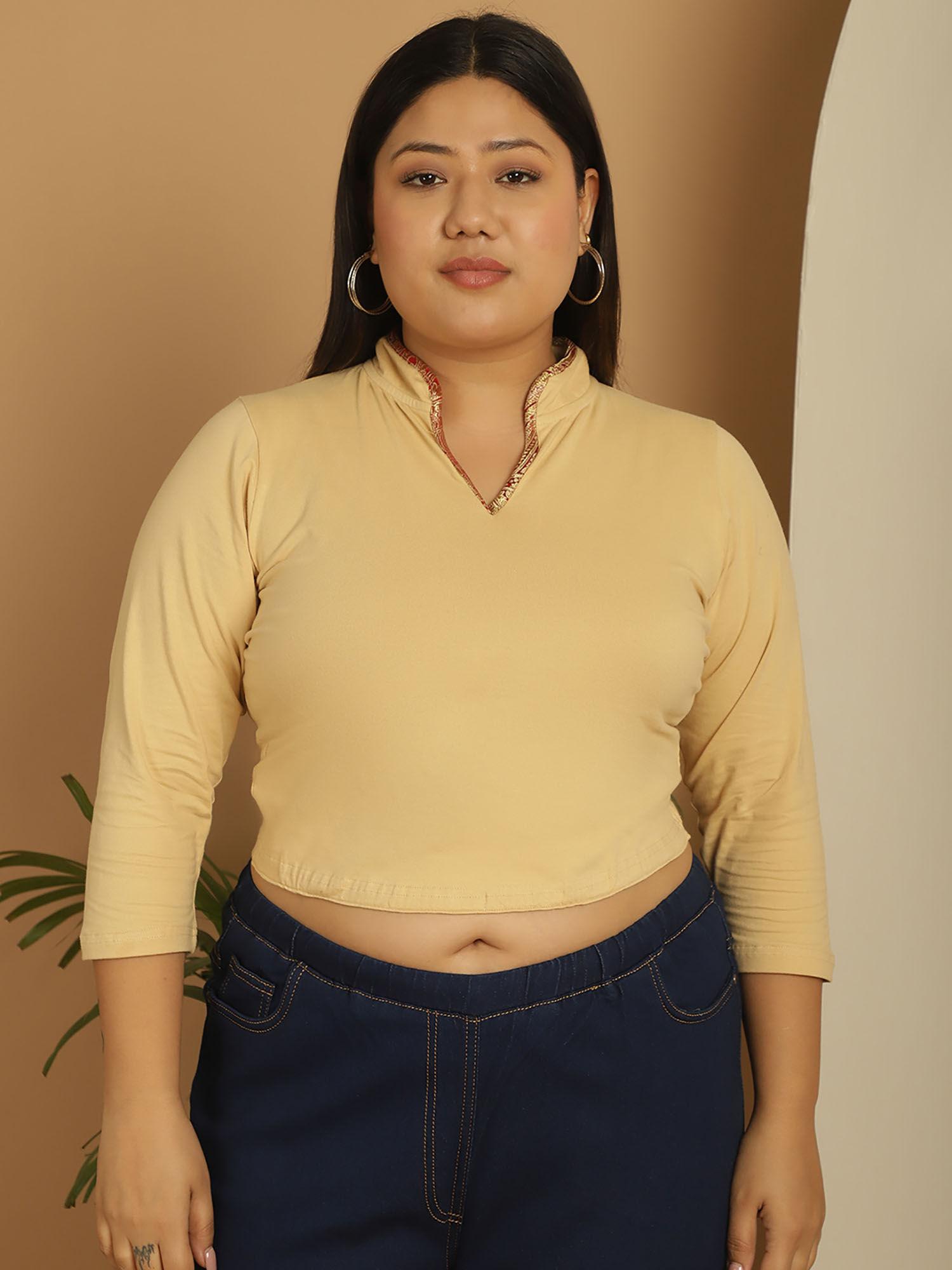 plus size women's beige solid color cotton knitted crop top