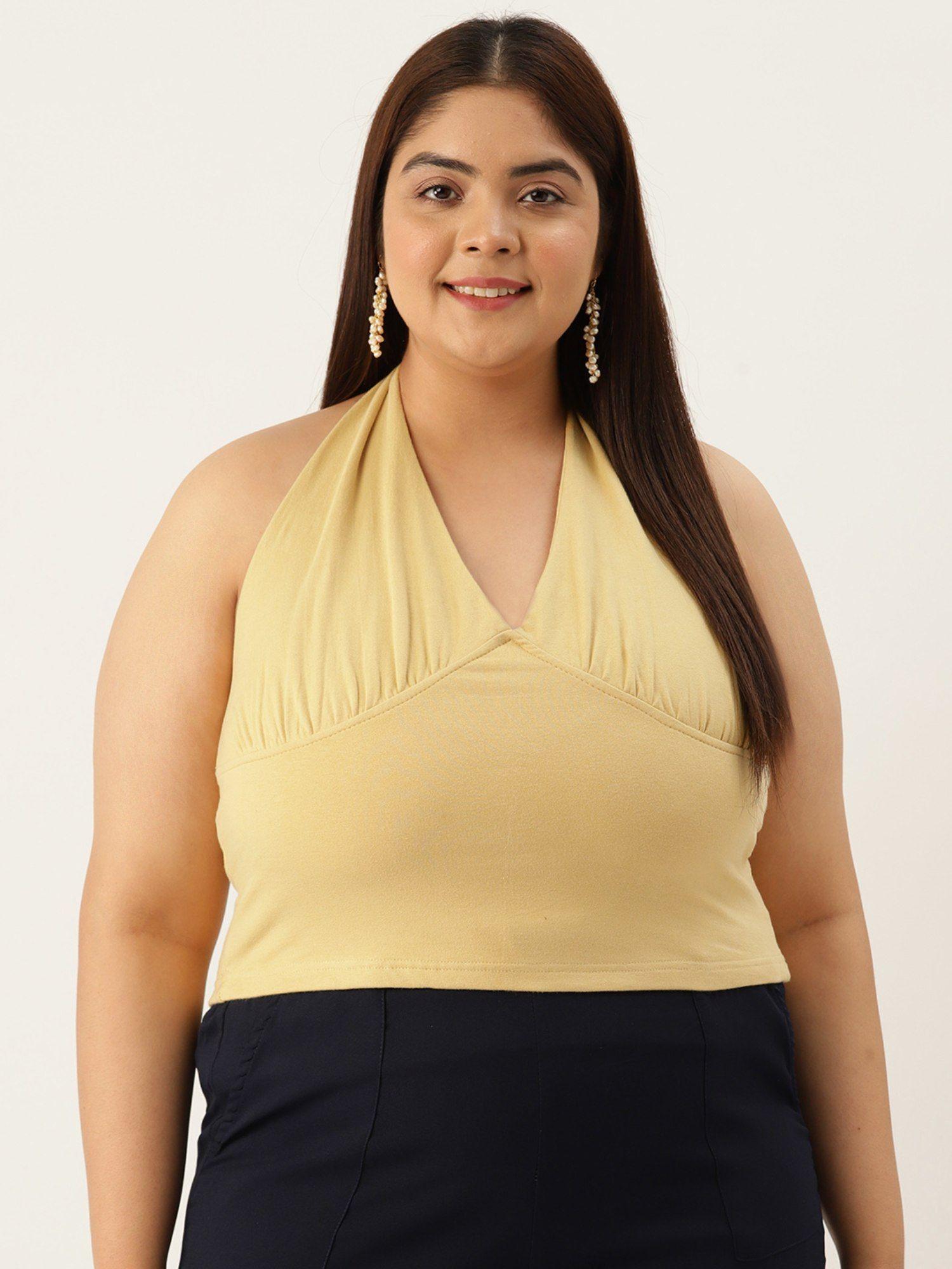 plus size women's beige solid color cotton knitted cropped top