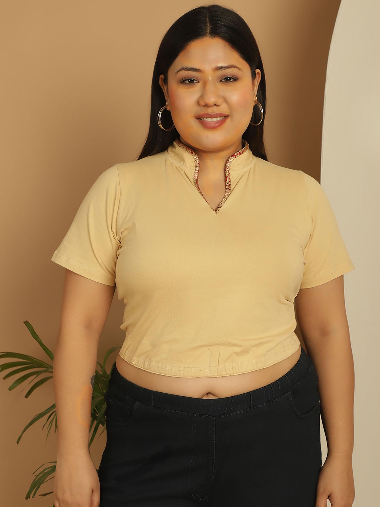 plus size women's beige solid color mandarin collar crop top