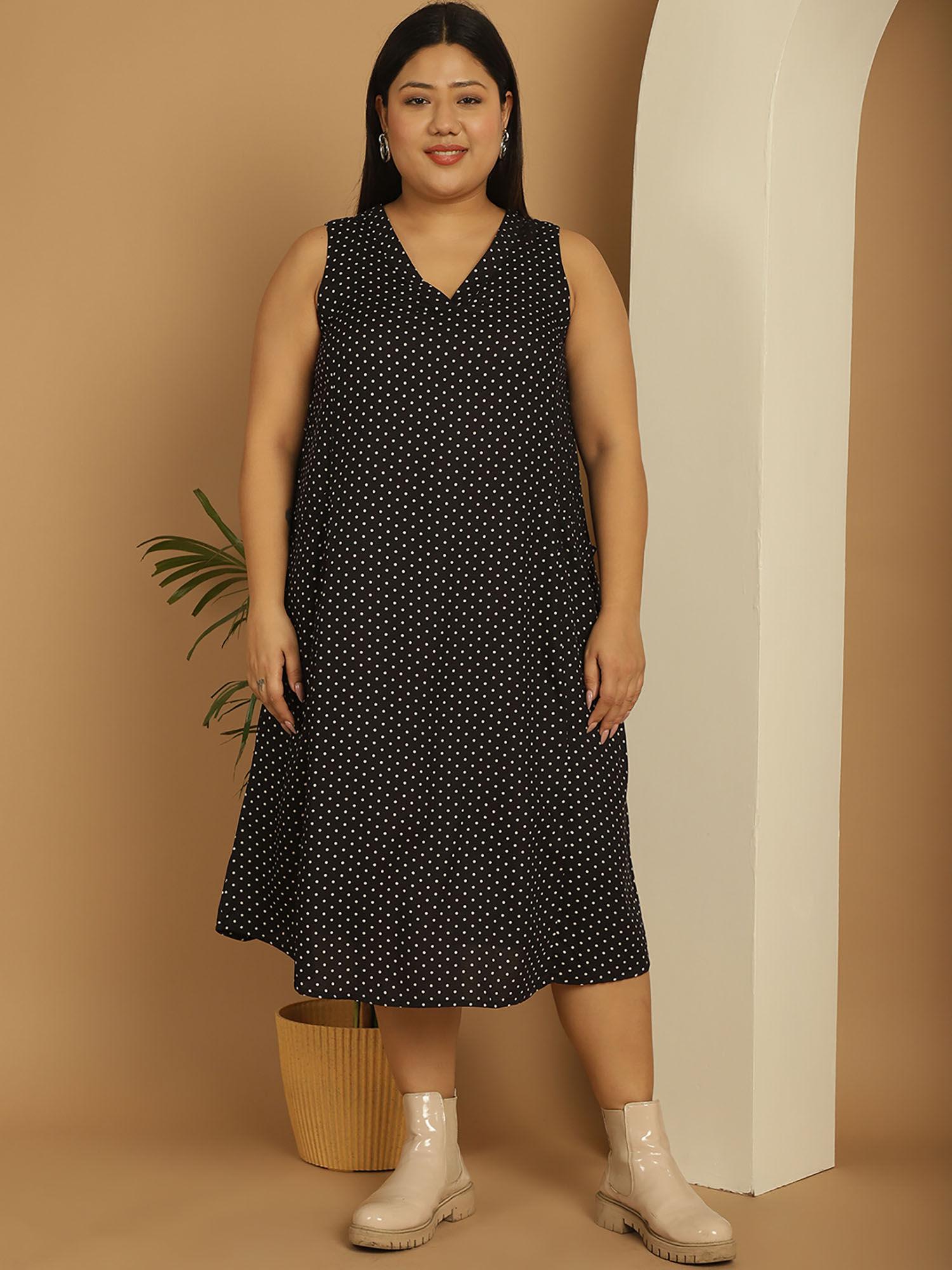plus size women's black polka dot printed a-line midi dress