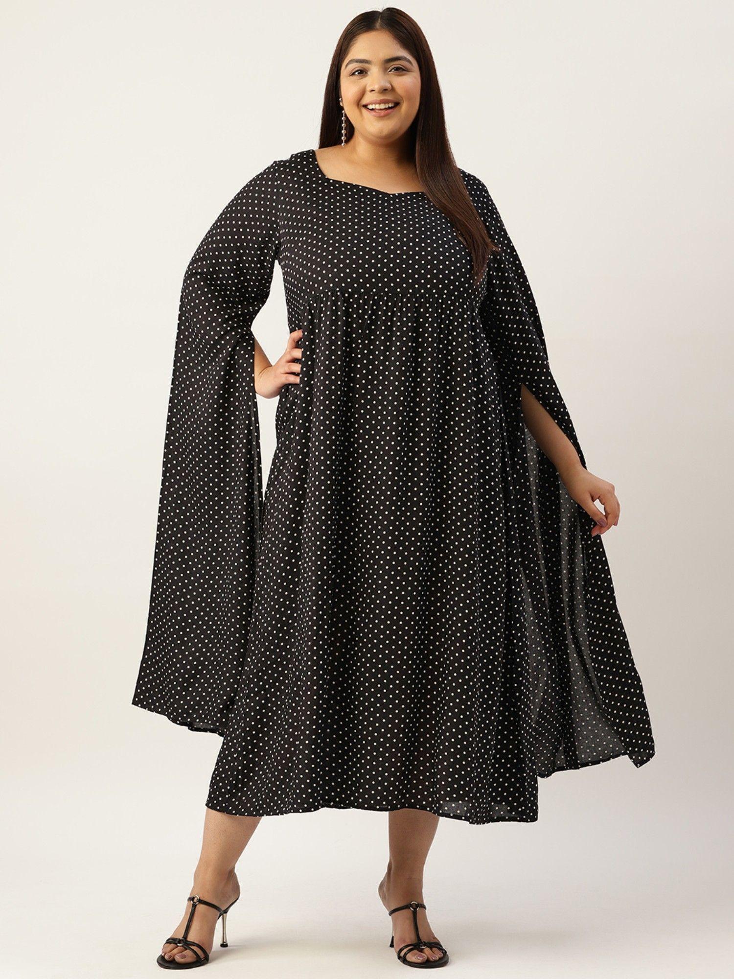 plus size women's black polka dot slit sleeves a-line dress