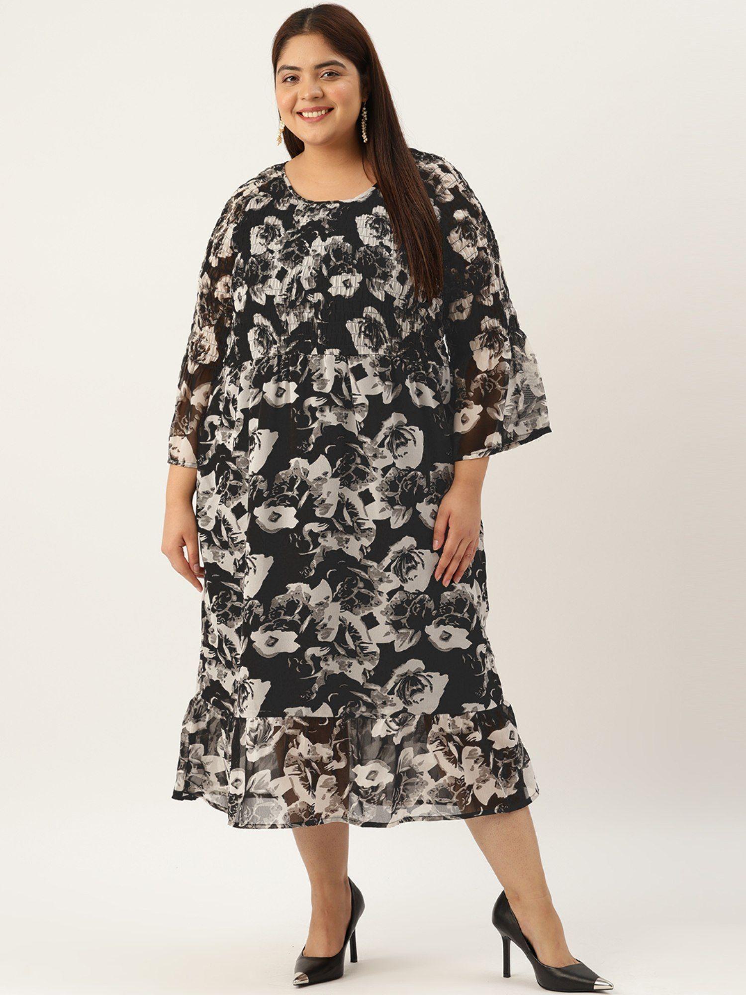 plus size women's black rose printed smocked georgette a-line midi dress