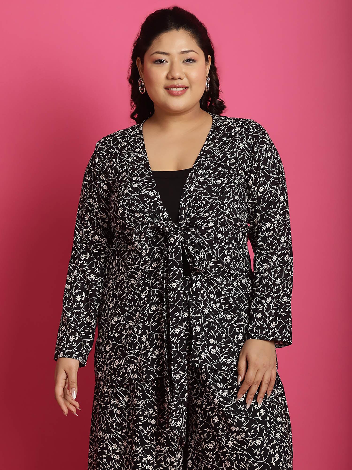 plus size women's black small floral printed tie-up shrug