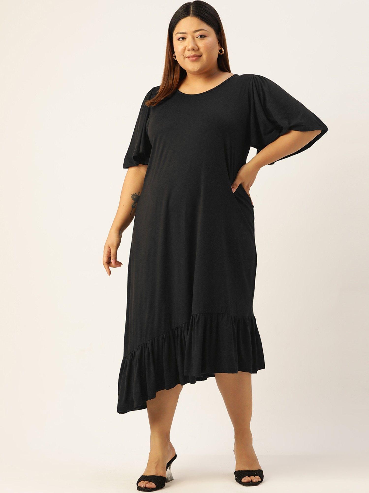 plus size women's black solid color asymmetrical knitted dress