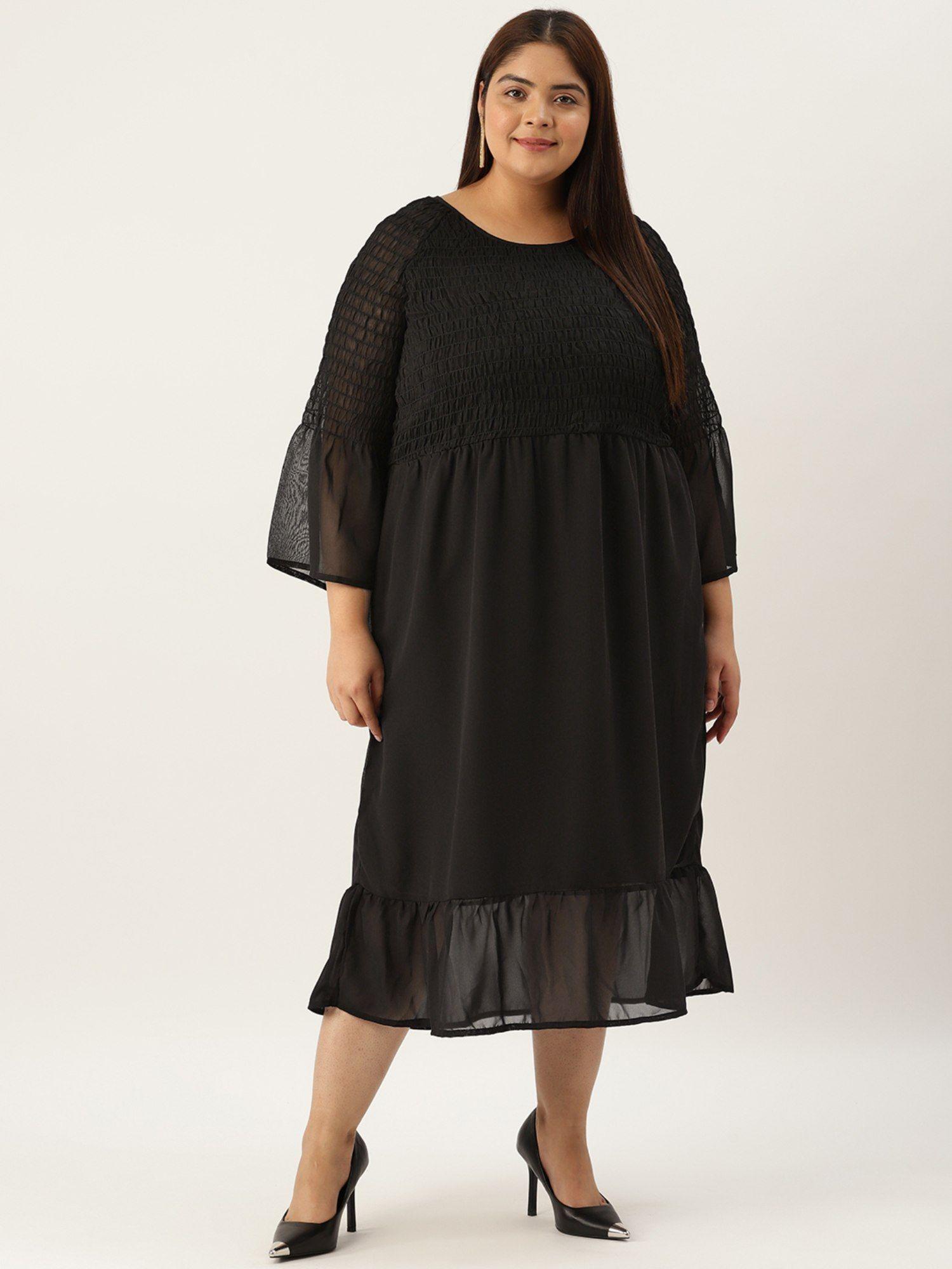 plus size women's black solid color georgette a-line midi dress