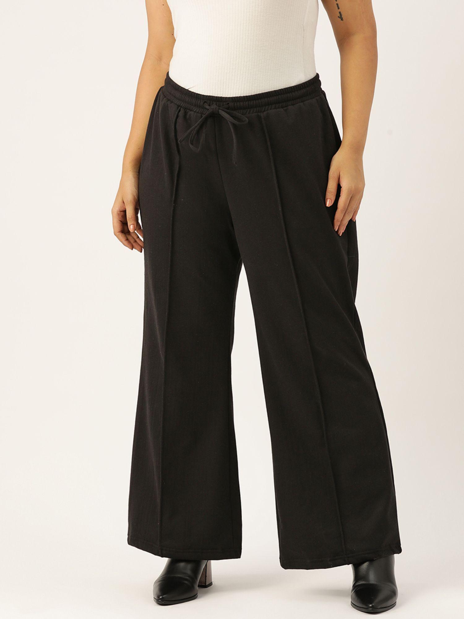 plus size women's black solid color pleated winter trouser