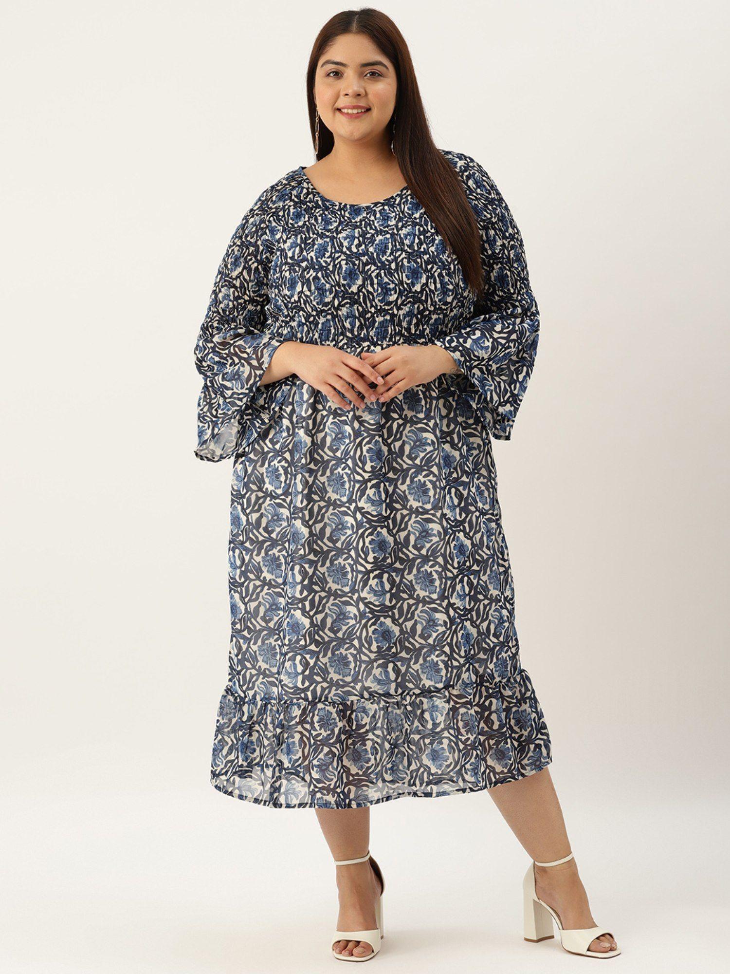 plus size women's blue floral printed georgette a-line midi dress