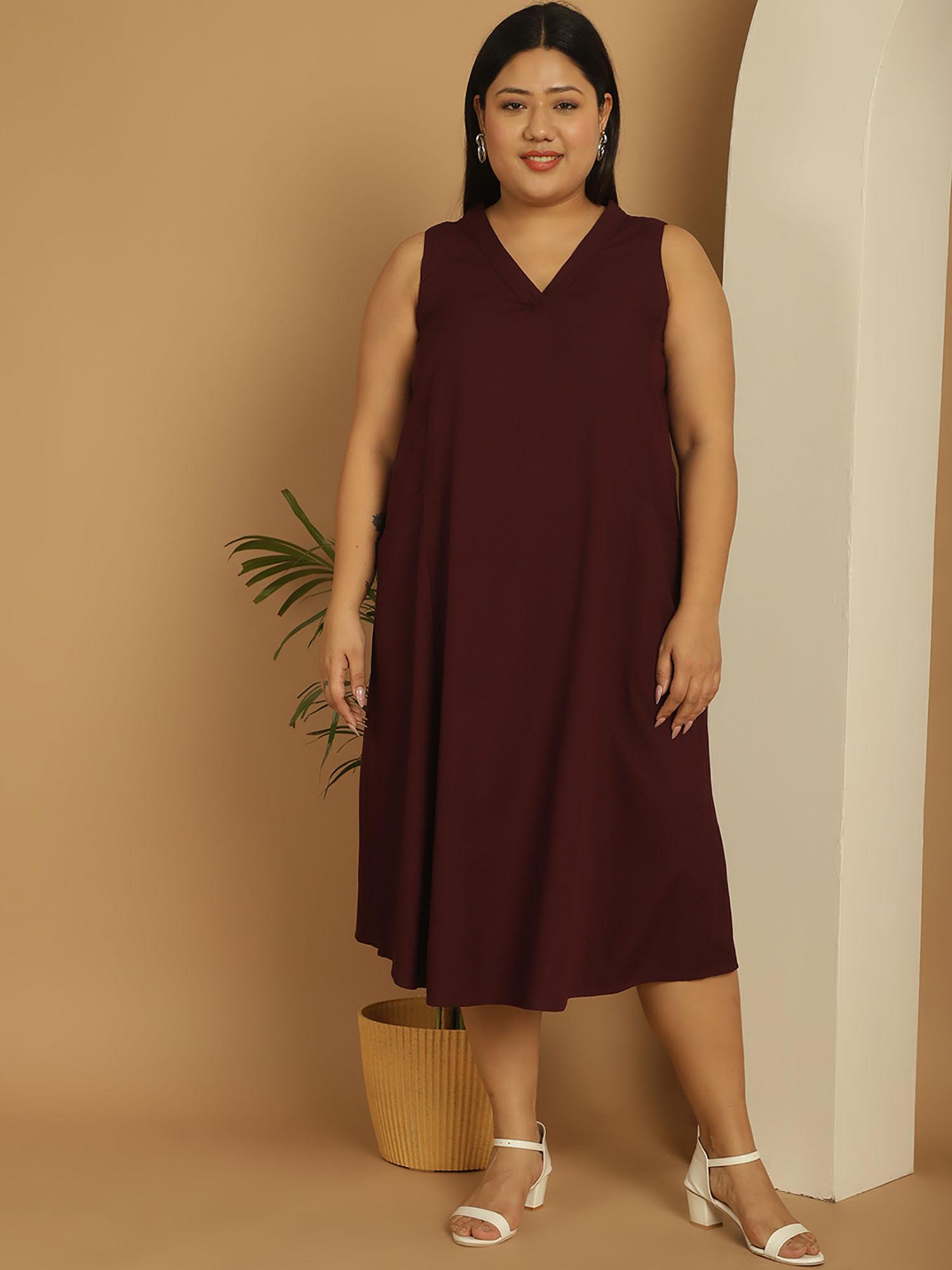 plus size women's burgundy solid color a-line midi dress