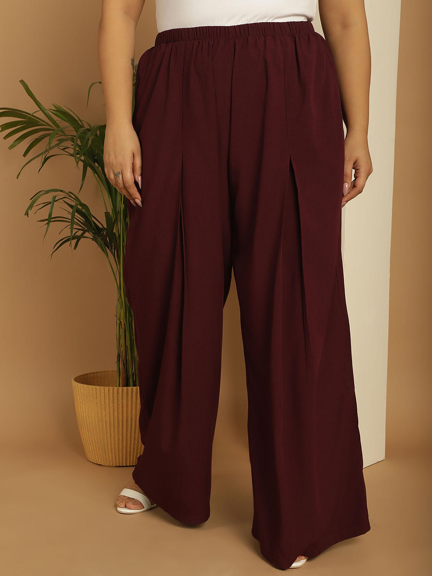 plus size women's burgundy solid color flared palazzos