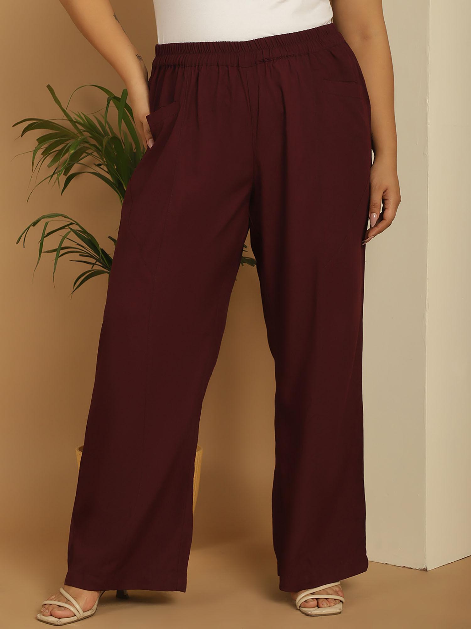 plus size women's burgundy solid color wide palazzos