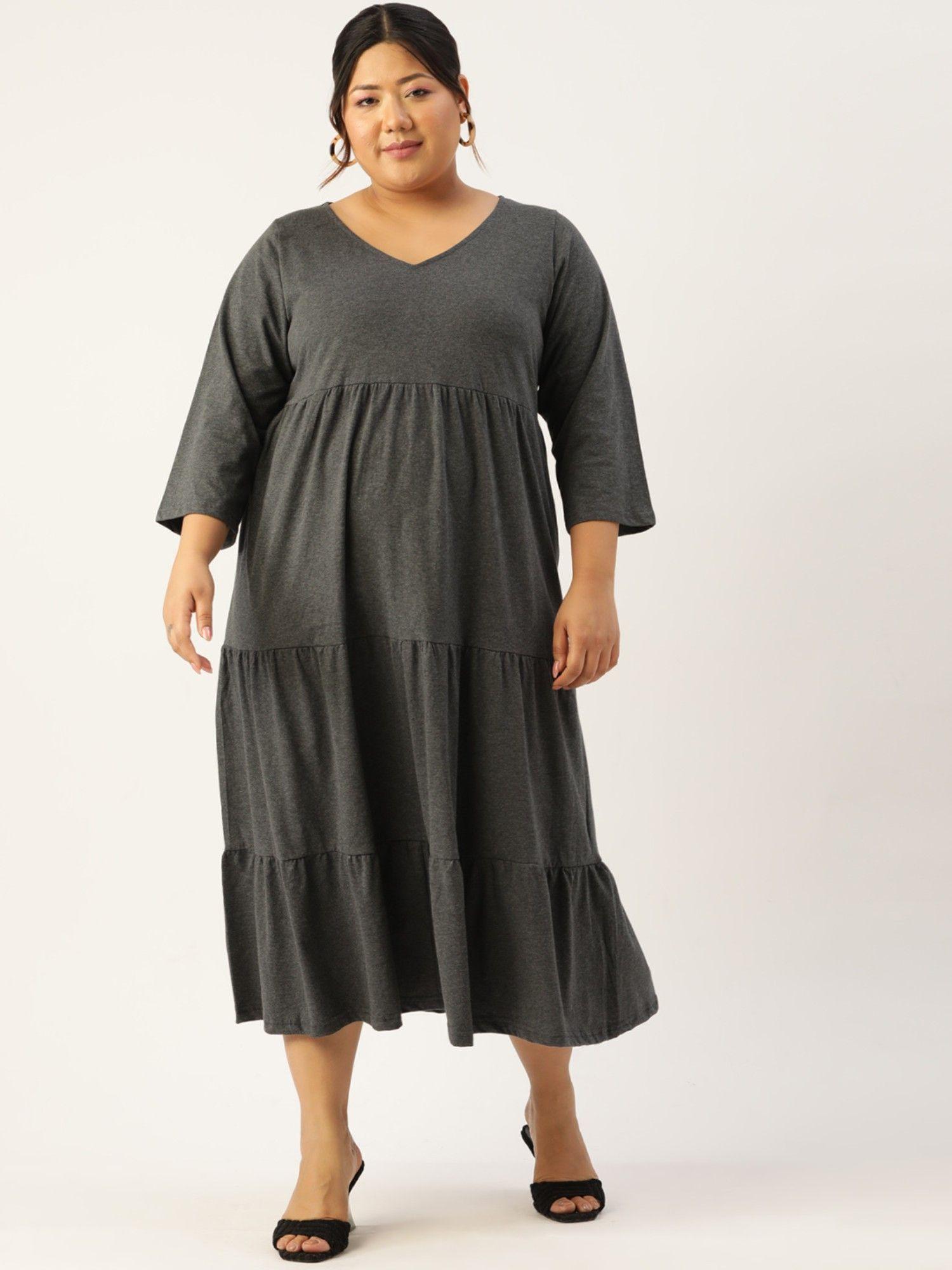 plus size women's charcoal grey solid color cotton tiered dress