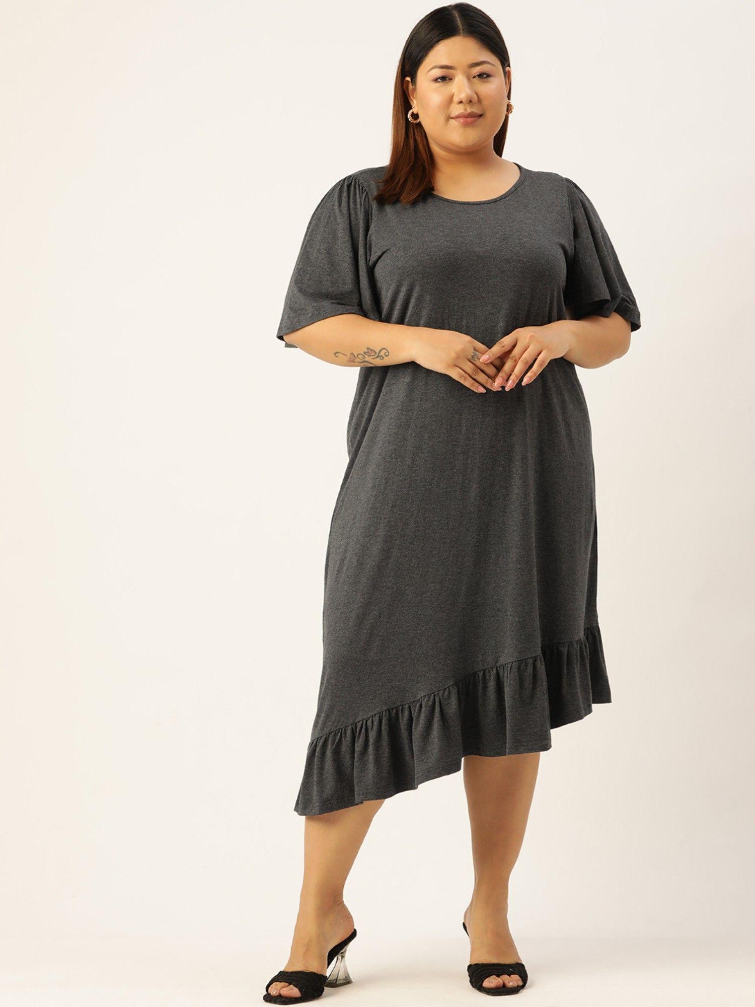 plus size women's charcoal solid color asymmetrical knitted dress