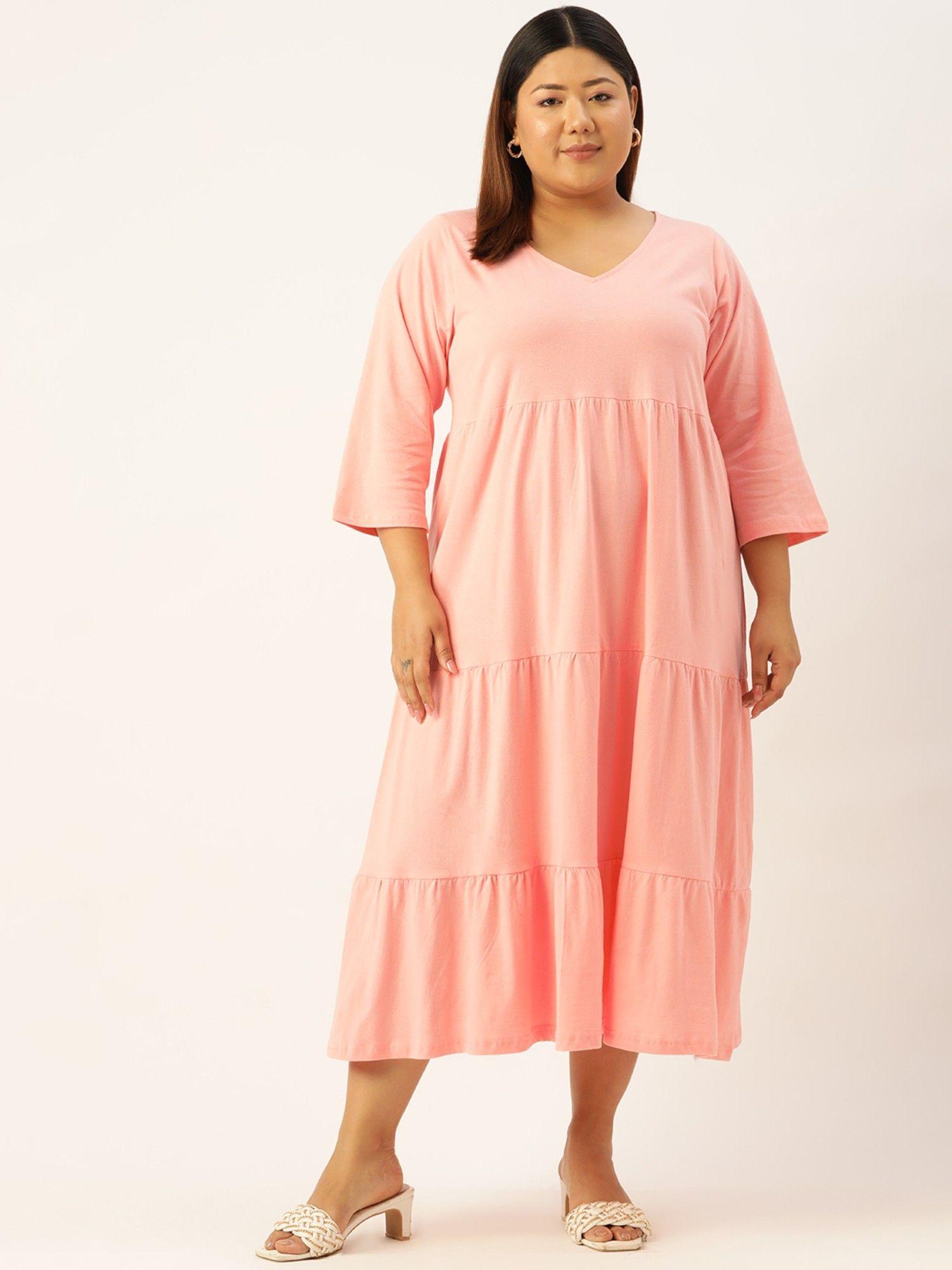 plus size women's dark peach solid color cotton tiered dress