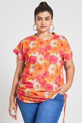 plus size women's floral orange & pink printed t-shirt - orange