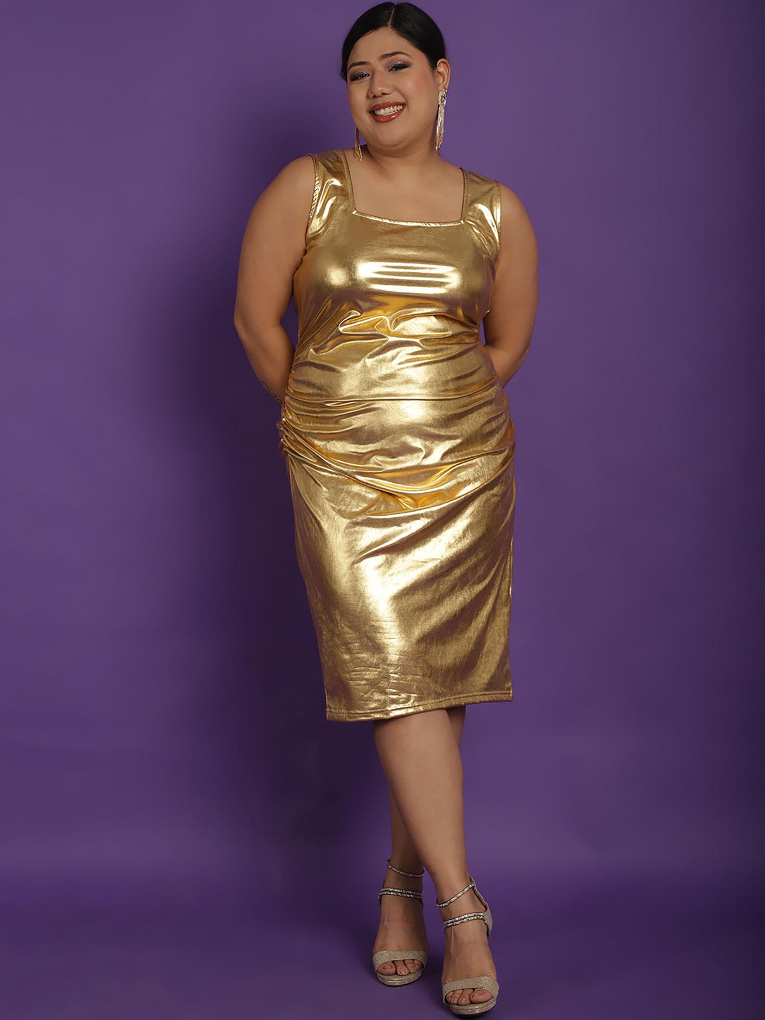 plus size women's gold solid color sheath dress