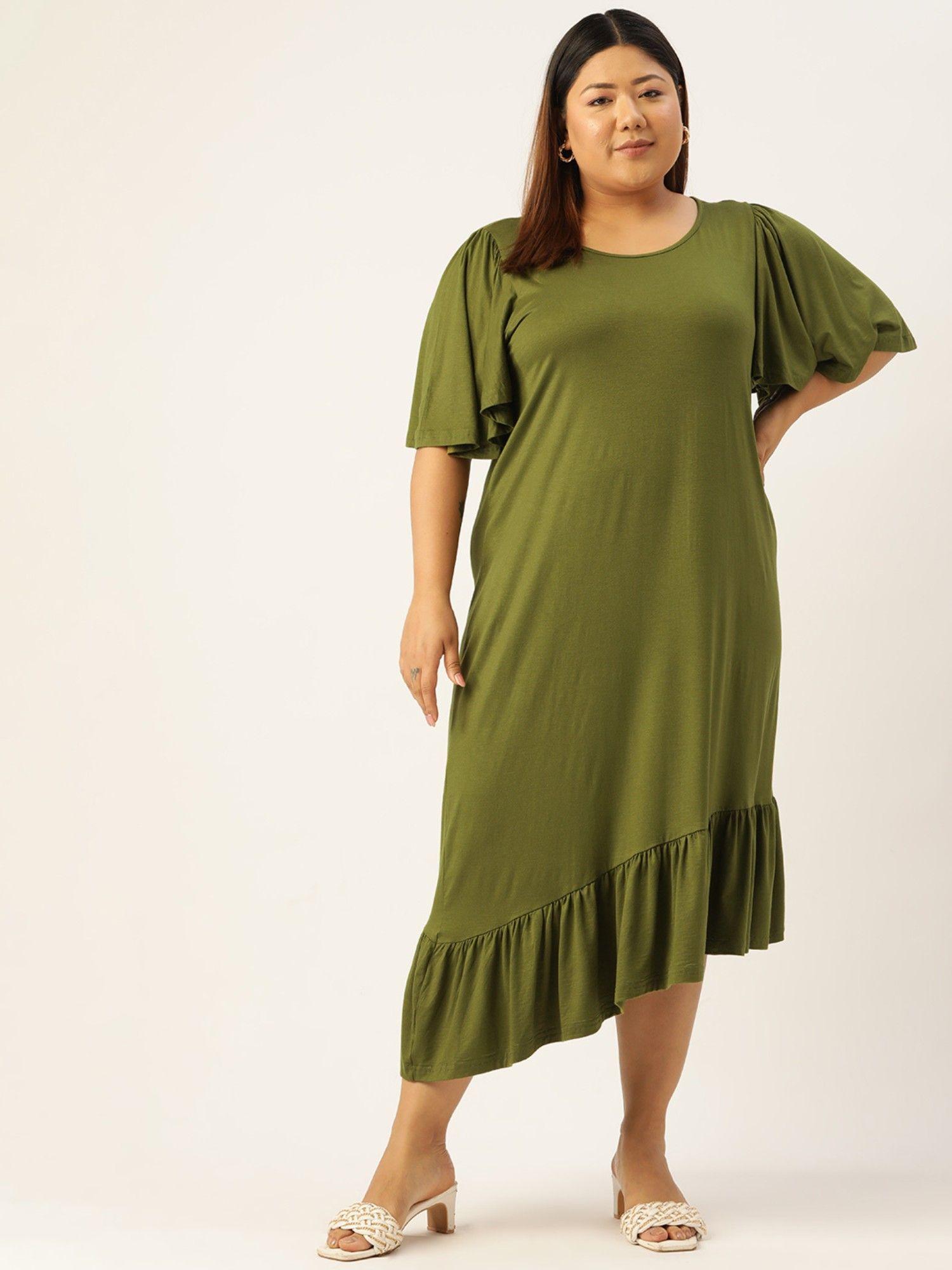 plus size women's green solid color asymmetrical knitted dress