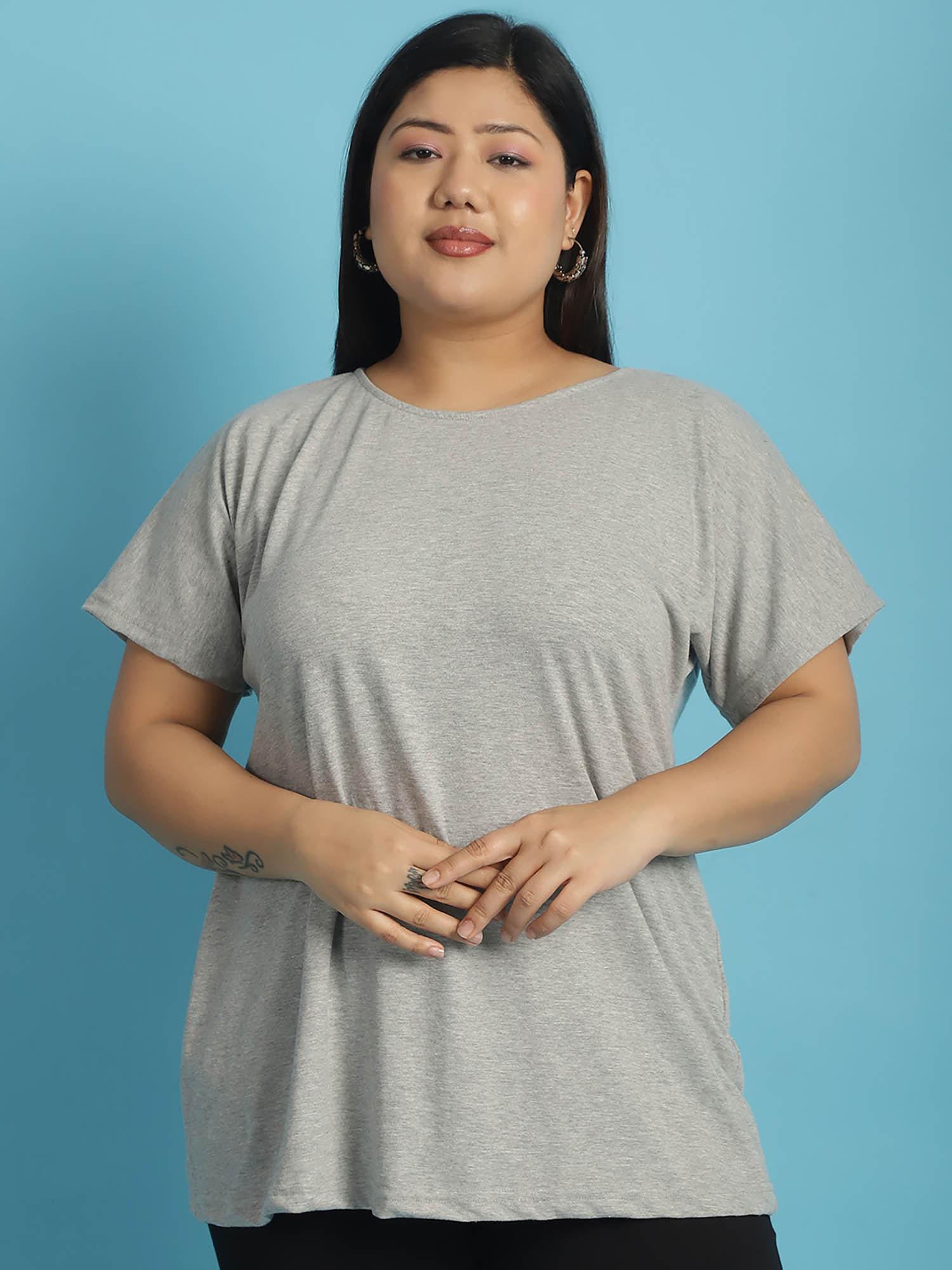 plus size women's light grey solid color cotton round neck t-shirt