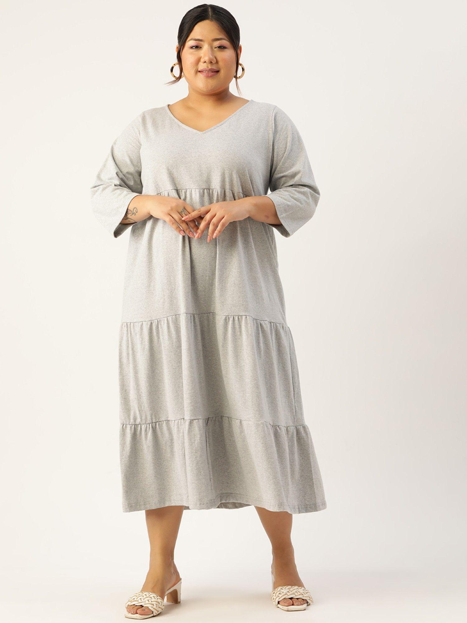 plus size women's light grey solid color cotton tiered dress