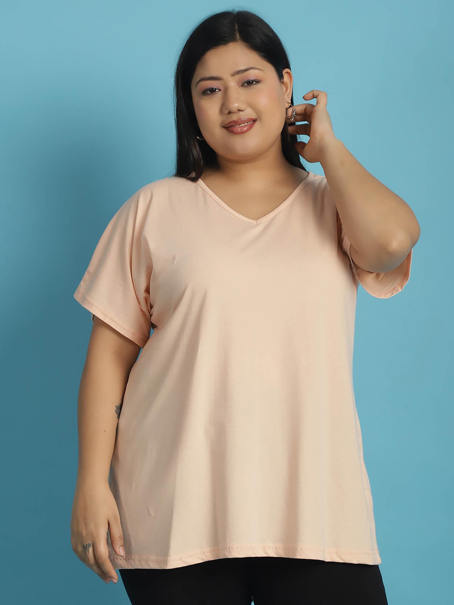 plus size women's light peach solid color cotton v-neck t-shirt