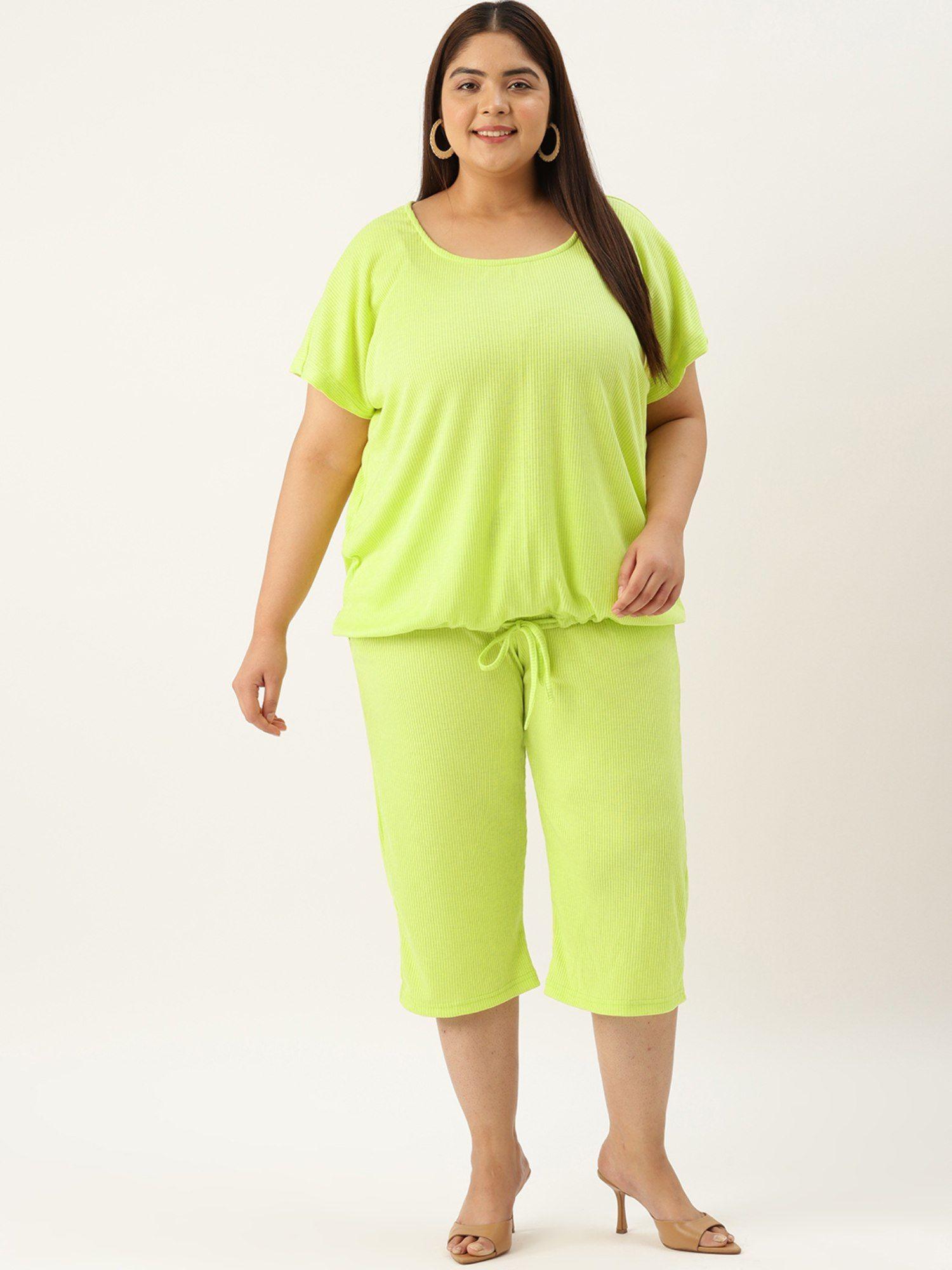 plus size women's lime solid color cotton top with capri (set of 2)