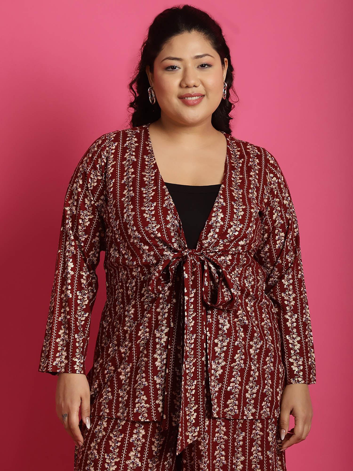 plus size women's maroon gold floral printed tie-up shrug