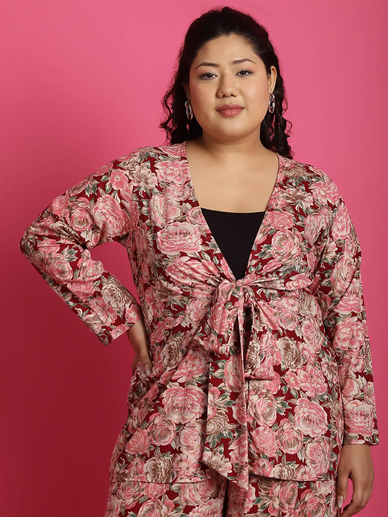 plus size women's maroon rose floral printed tie-up shrug