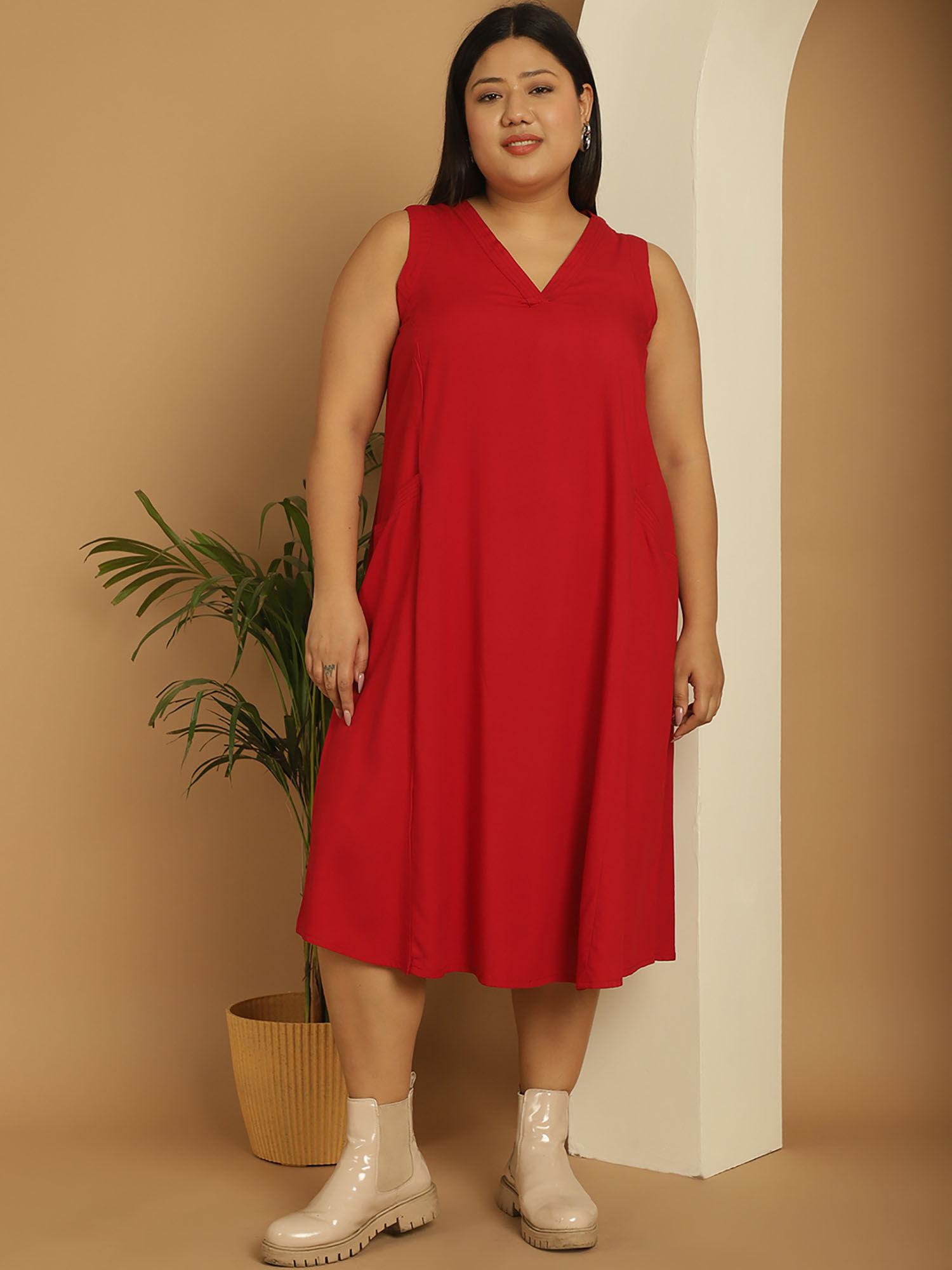 plus size women's maroon solid color a-line midi dress