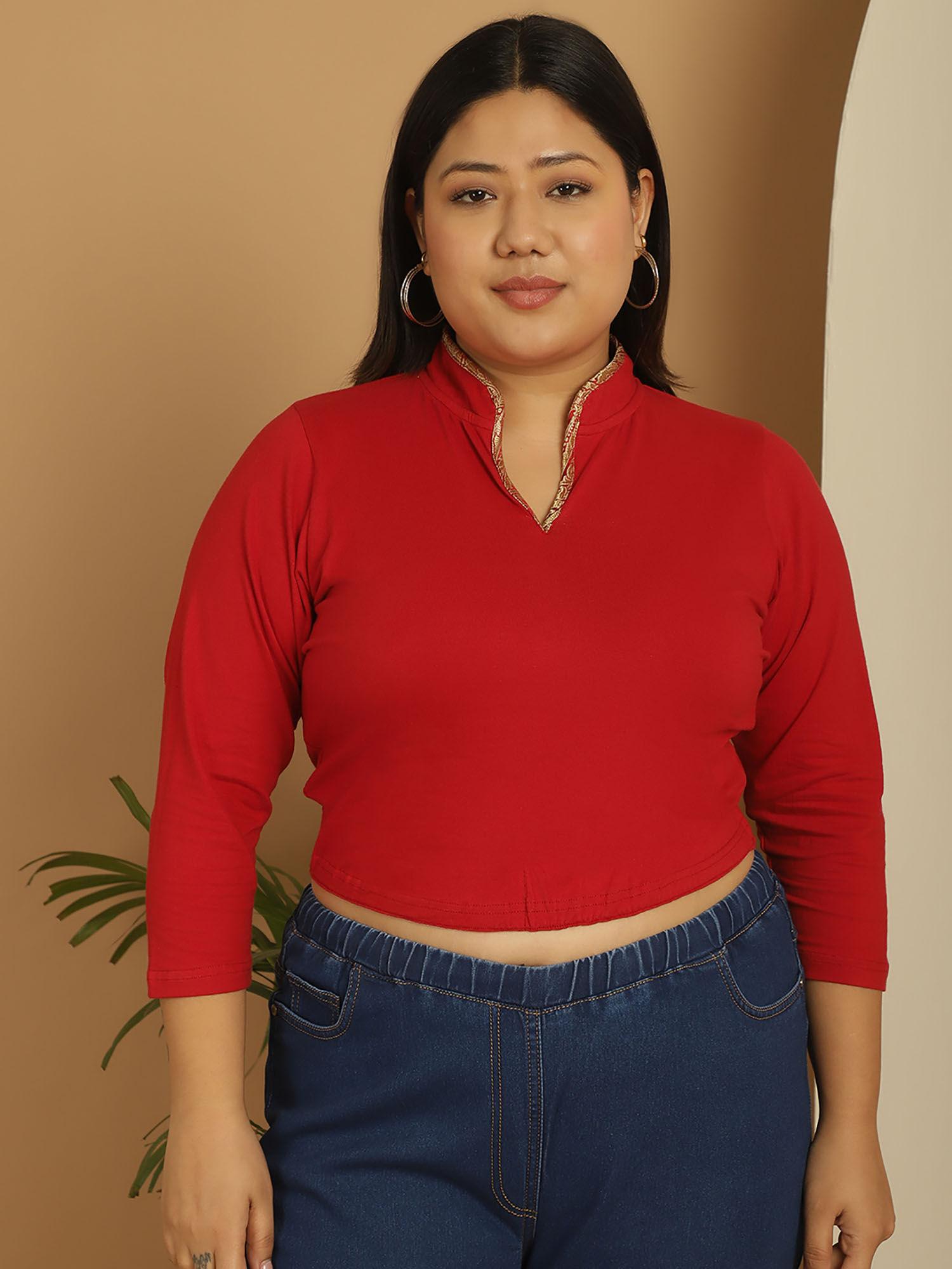 plus size women's maroon solid color cotton knitted crop top