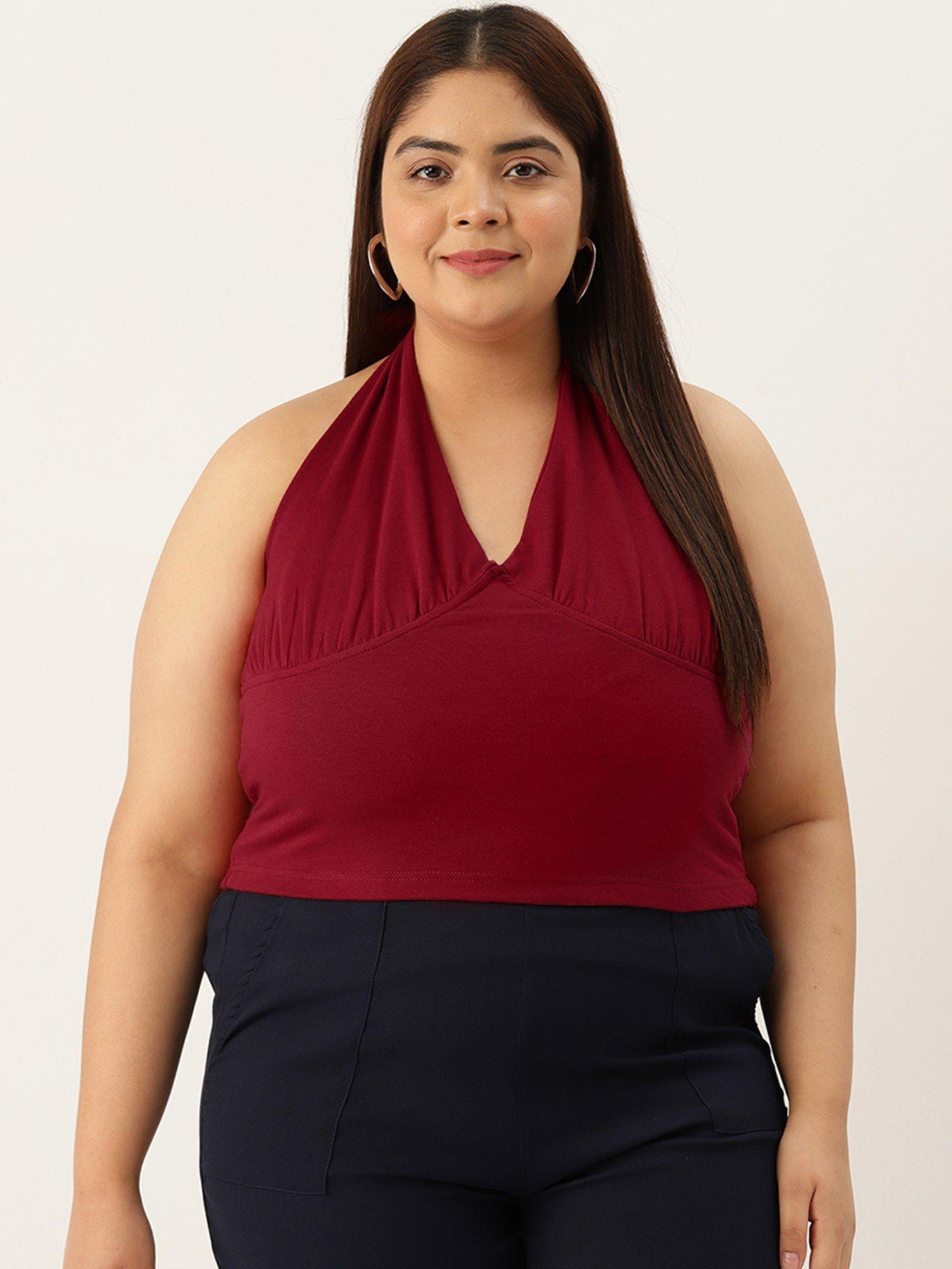 plus size women's maroon solid color cotton knitted cropped top