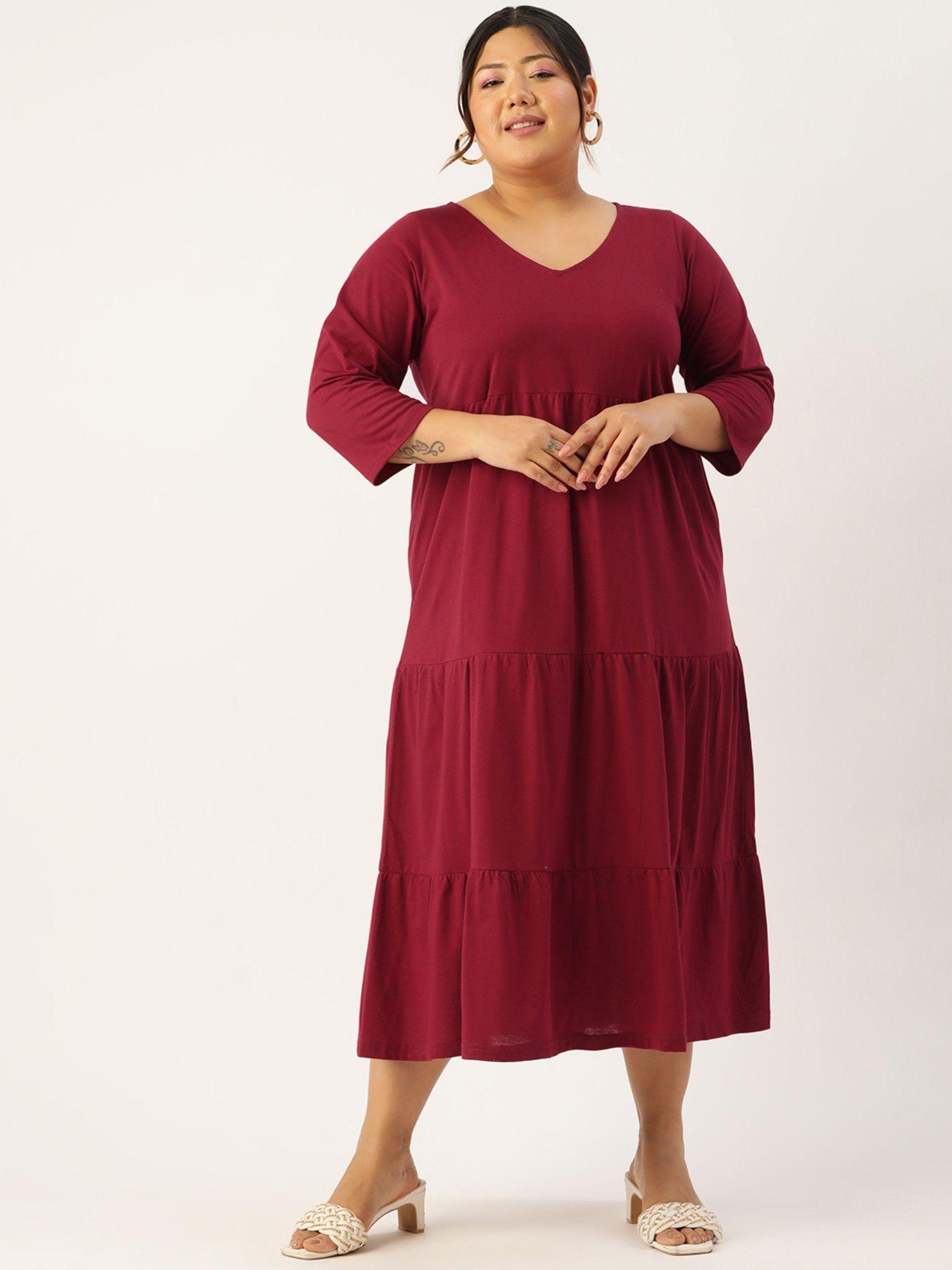 plus size women's maroon solid color cotton tiered dress