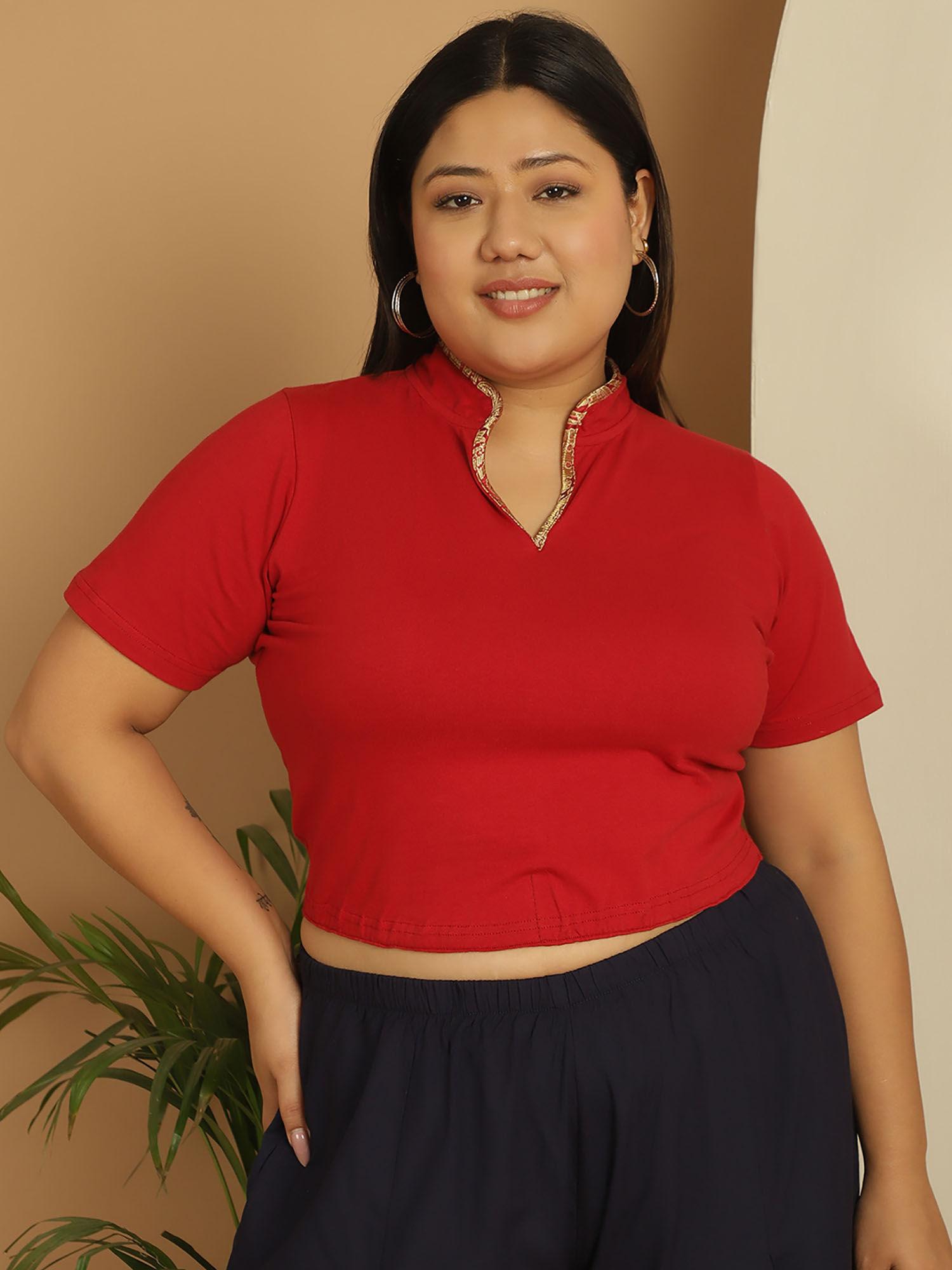 plus size women's maroon solid color mandarin collar crop top