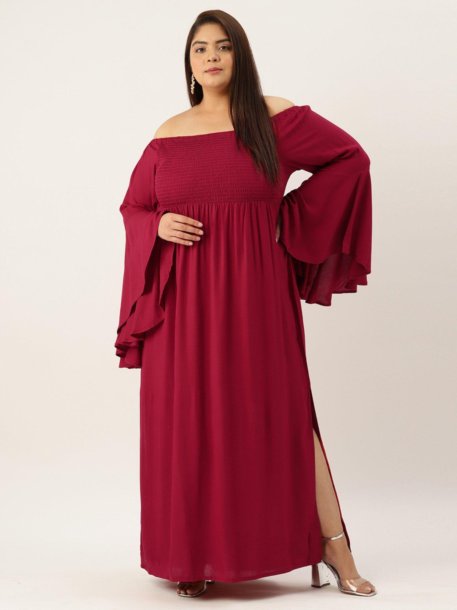 plus size women's maroon solid color off-shoulder smocked maxi dress