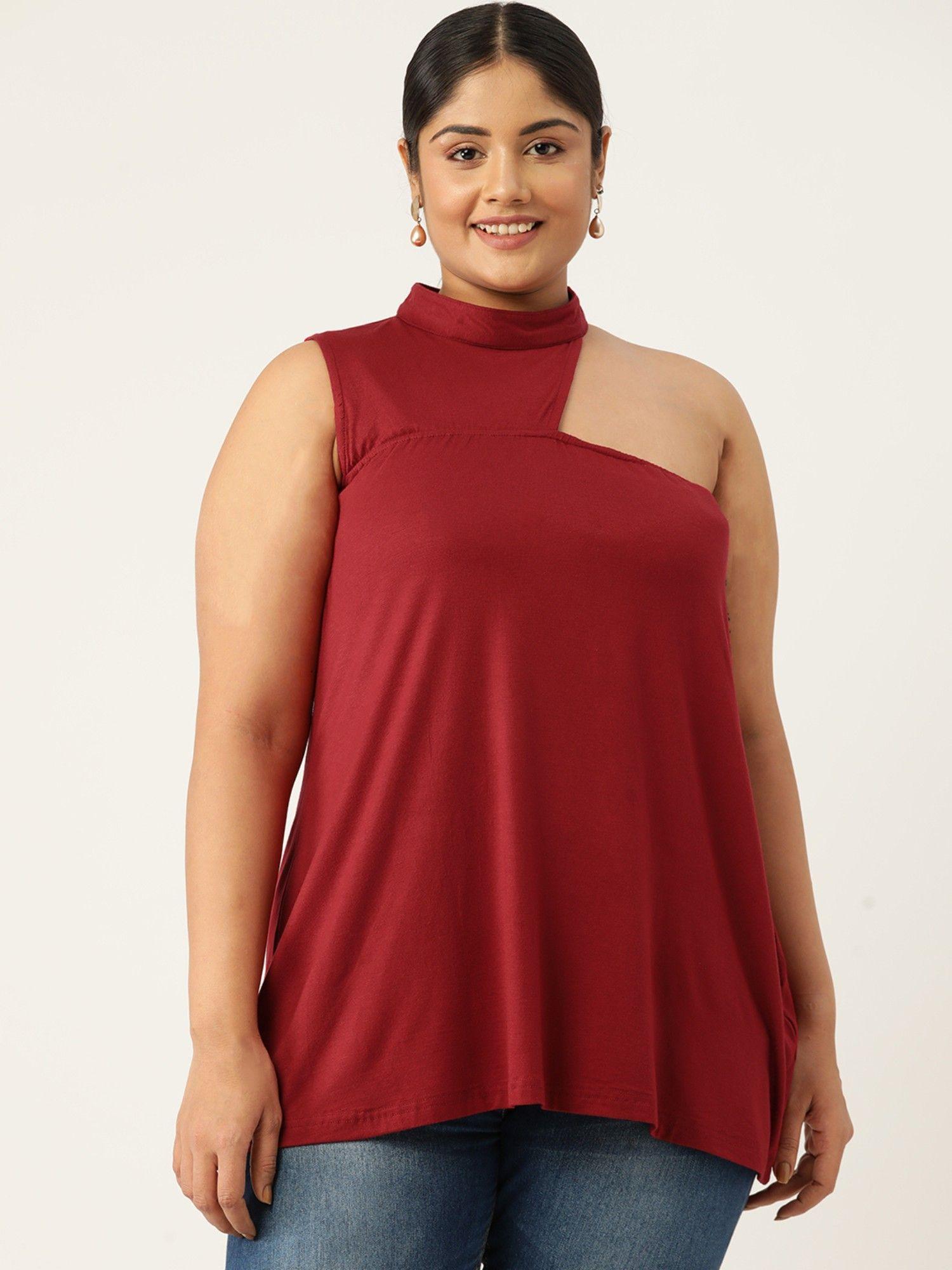 plus size women's maroon solid color one shoulder knitted top