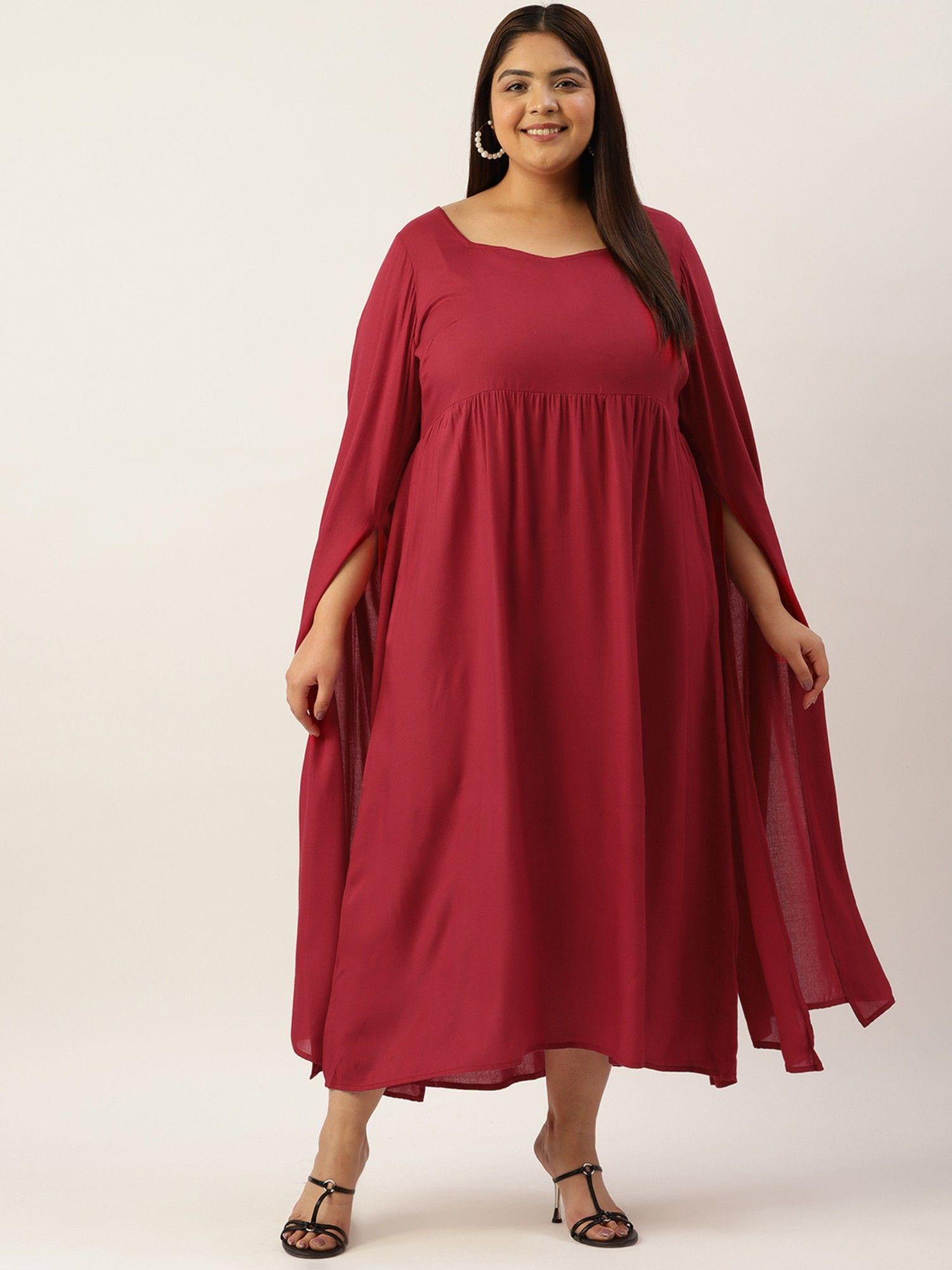 plus size women's maroon solid color slit sleeves a-line dress