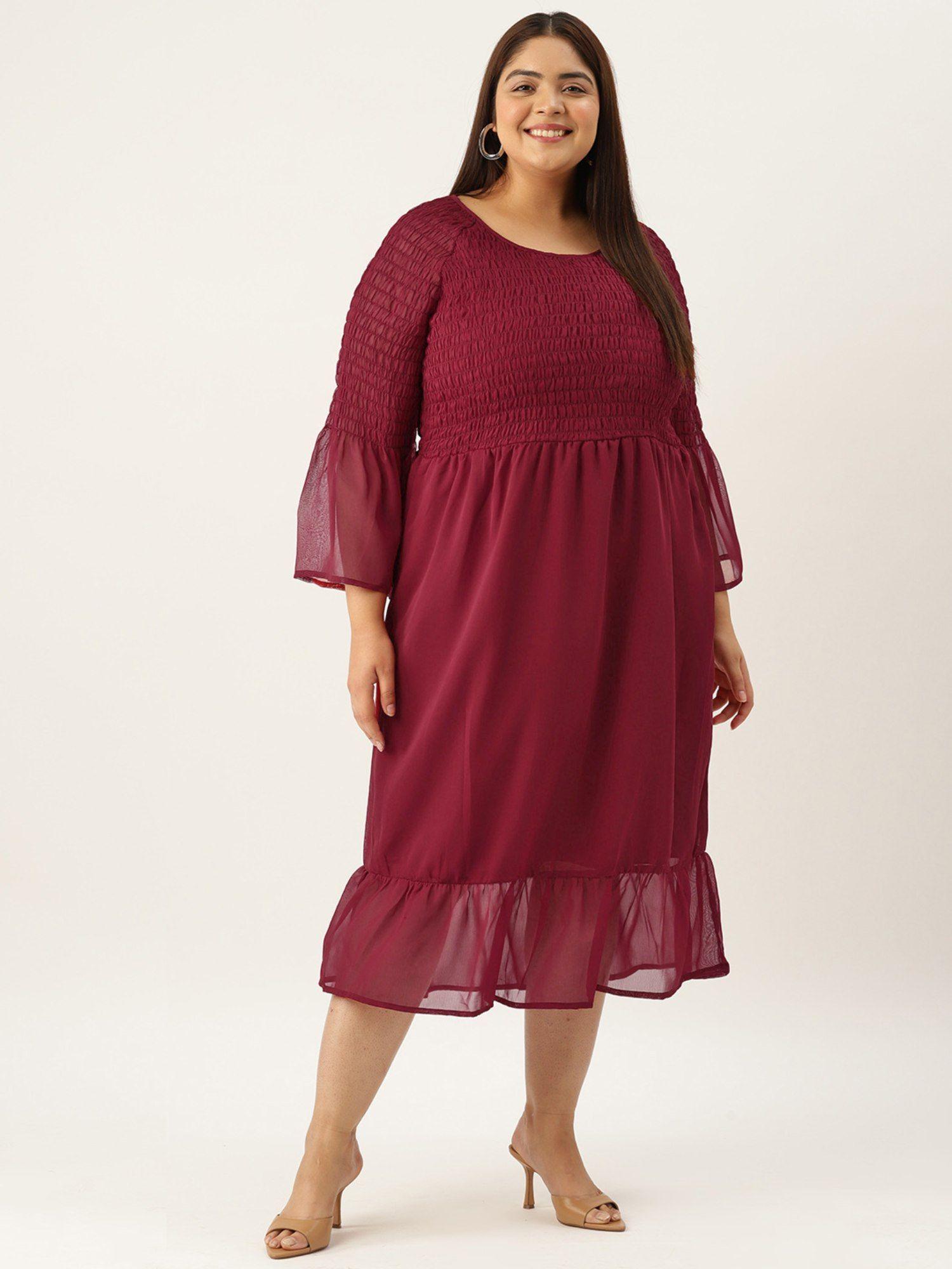 plus size women's maroon solid color smocked georgette a-line midi dress