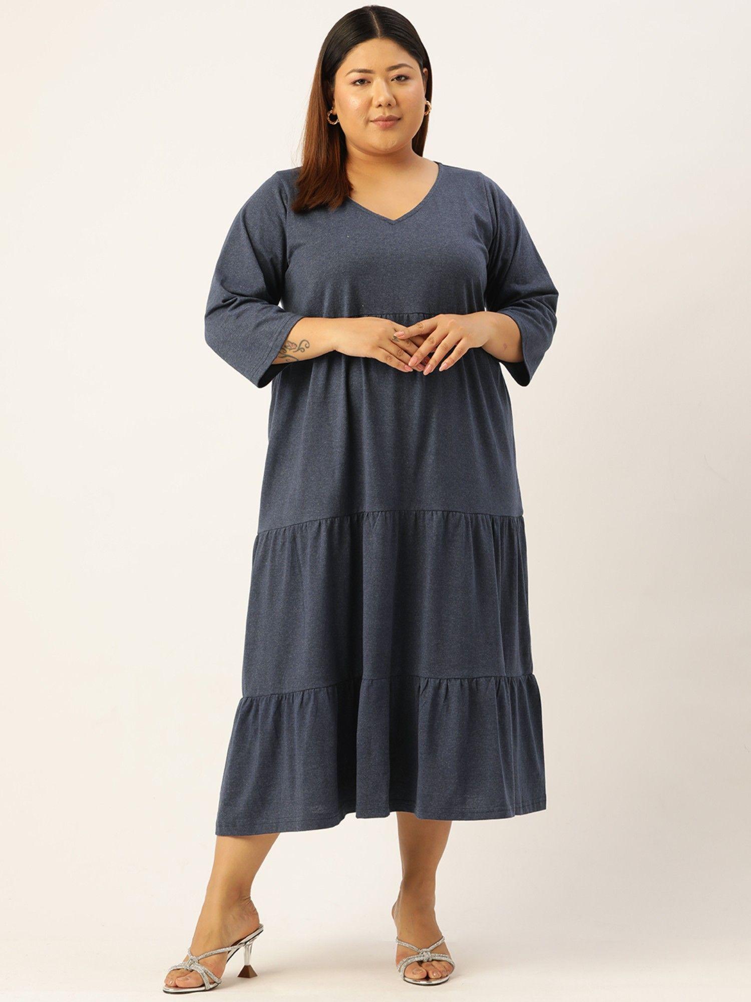 plus size women's melange blue solid color cotton tiered dress