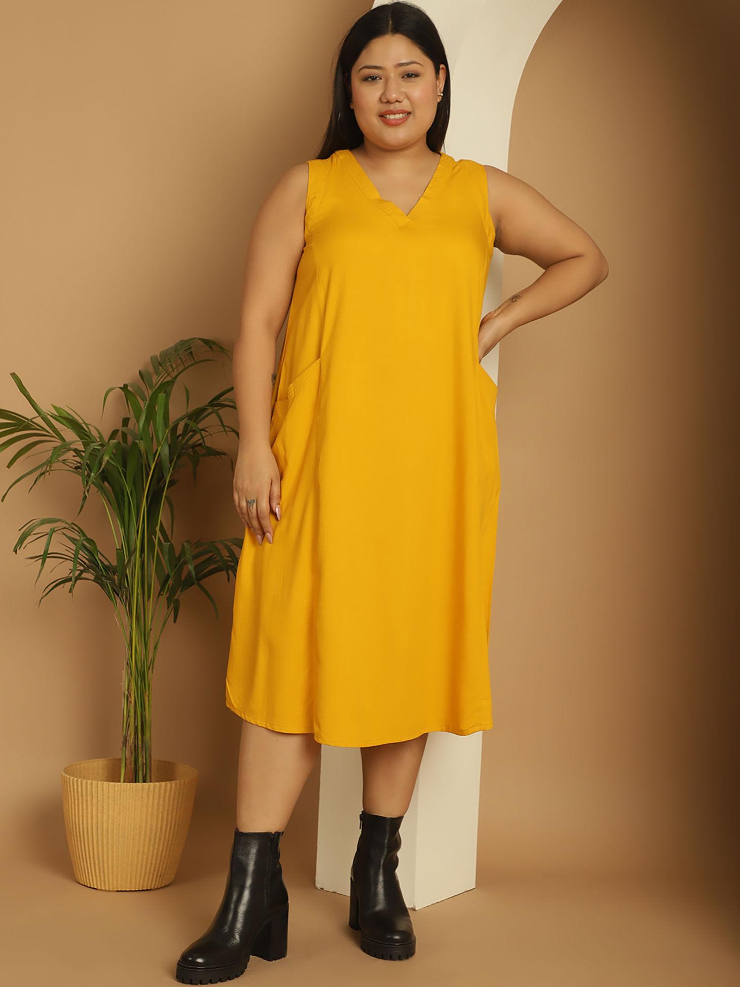 plus size women's mustard solid color a-line midi dress