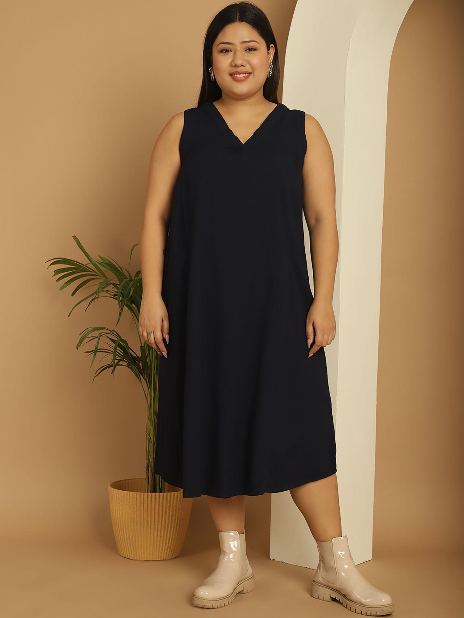 plus size women's navy blue solid color a-line midi dress
