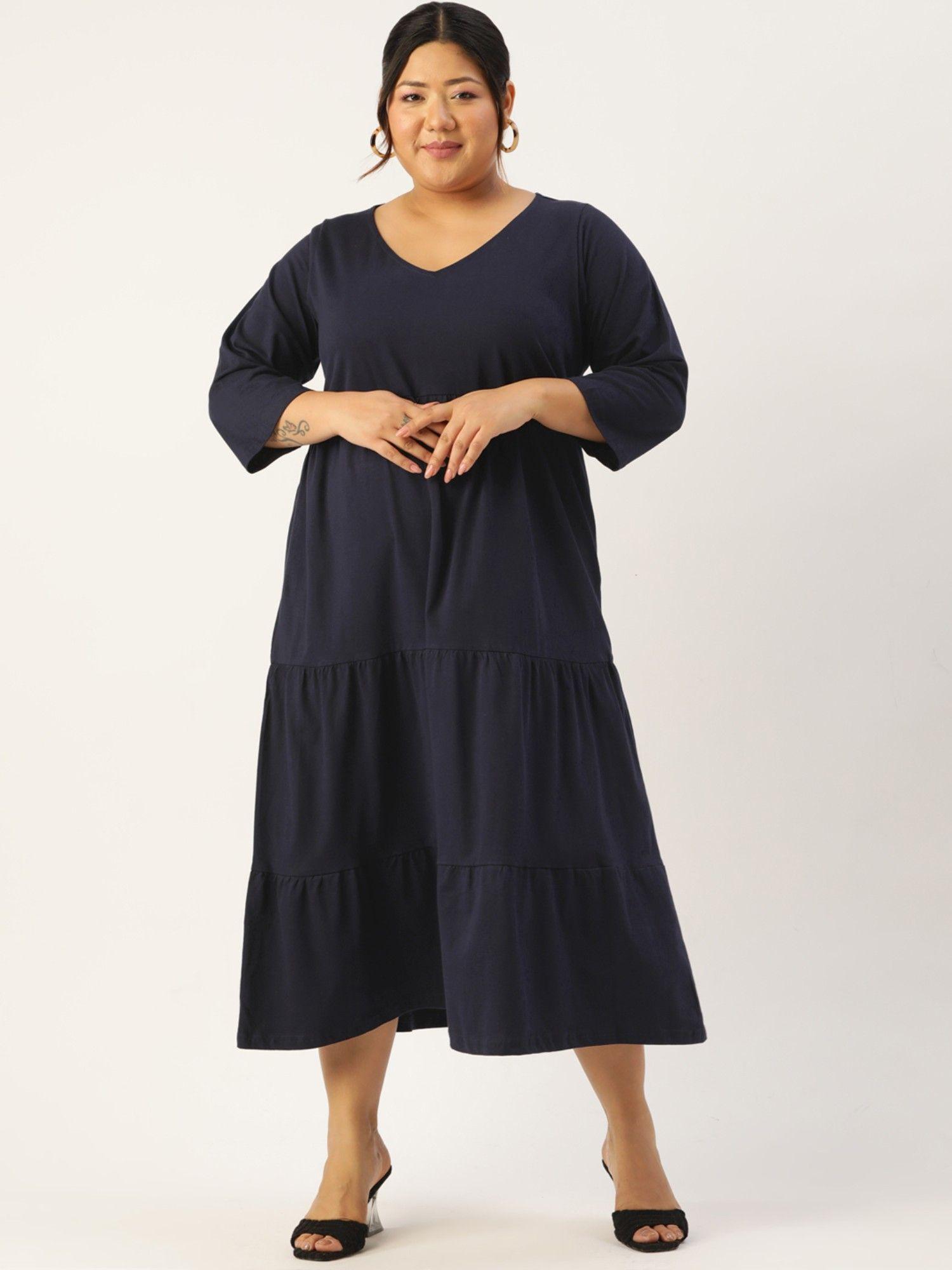 plus size women's navy blue solid color cotton tiered dress
