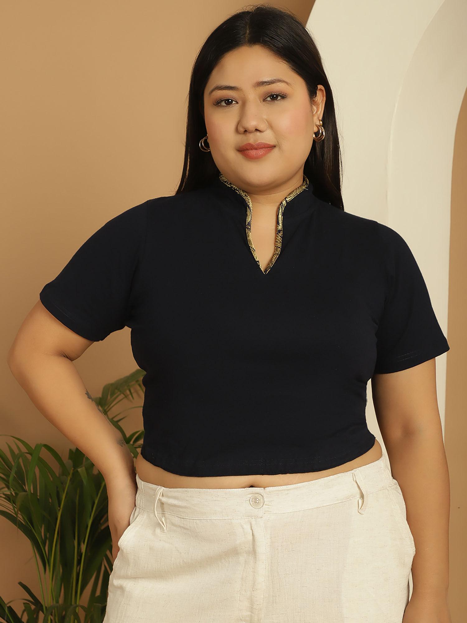 plus size women's navy blue solid color mandarin collar crop top