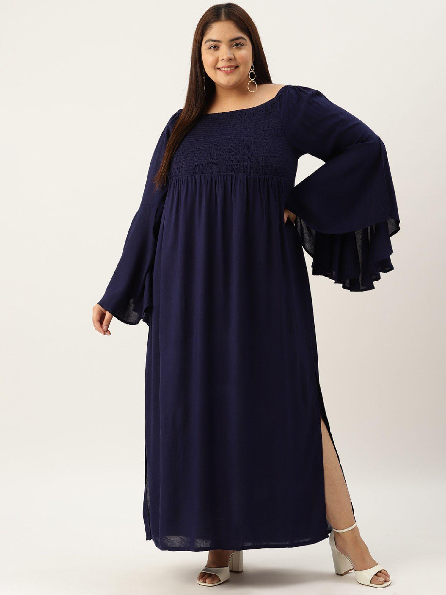 plus size women's navy blue solid color off-shoulder smocked maxi dress