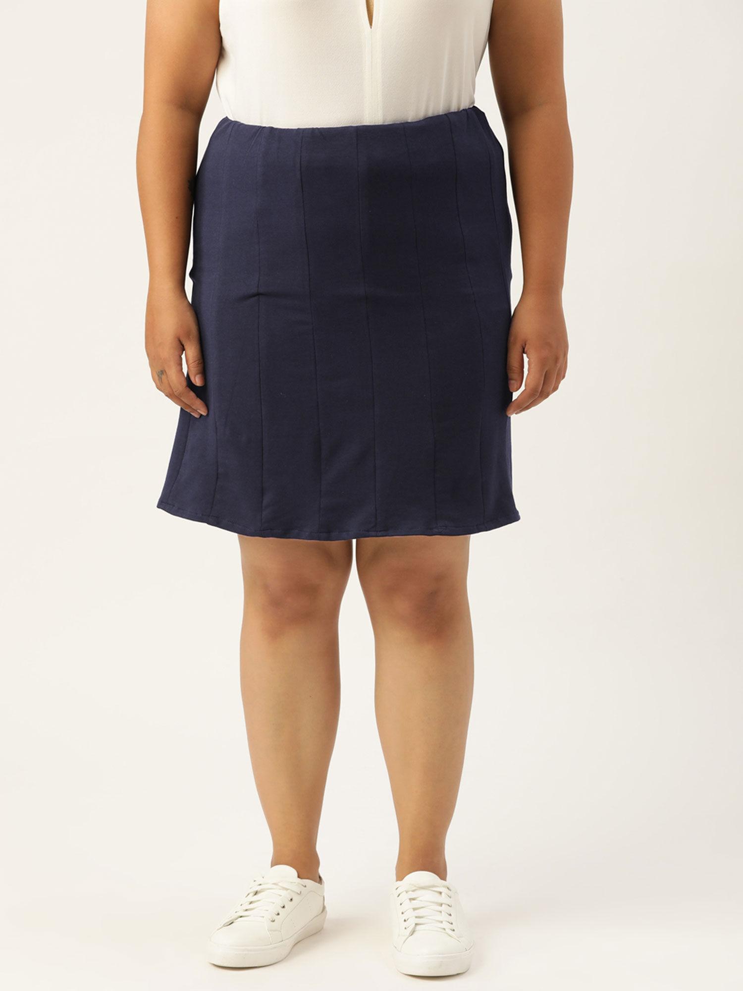 plus size women's navy blue solid color pleated skirts