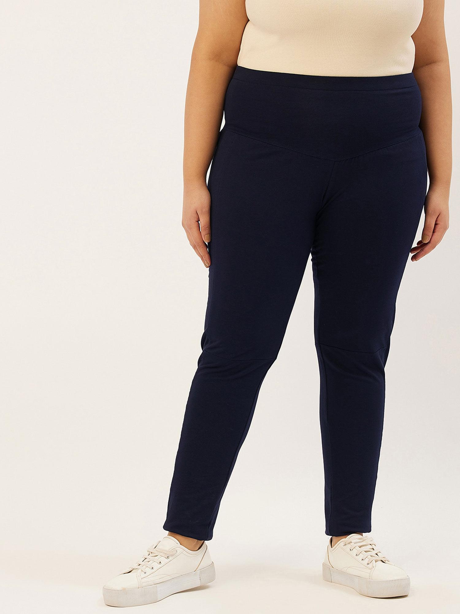 plus size women's navy blue solid color relaxed high-rise trousers