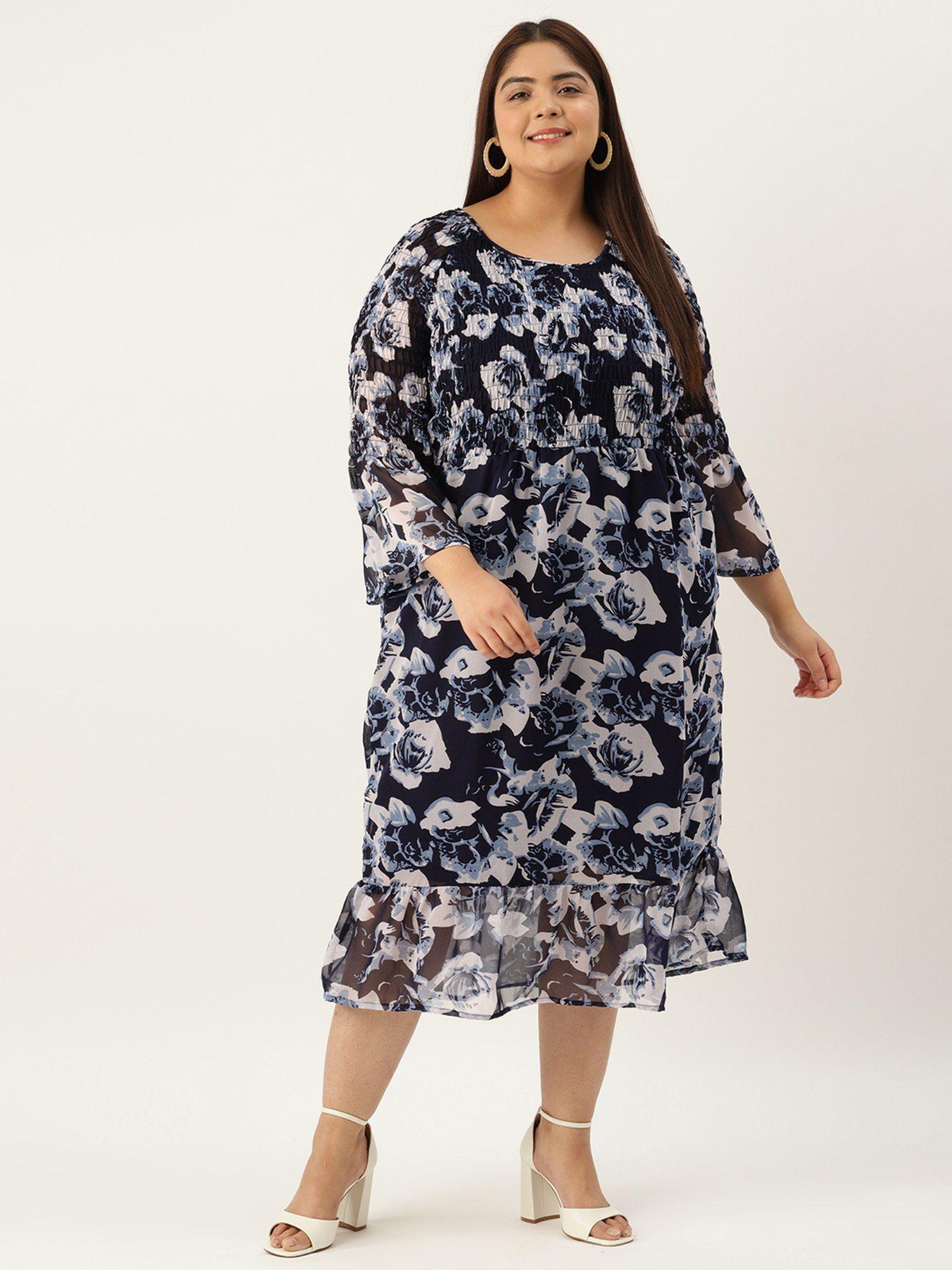 plus size women's navy rose floral printed georgette a-line midi dress