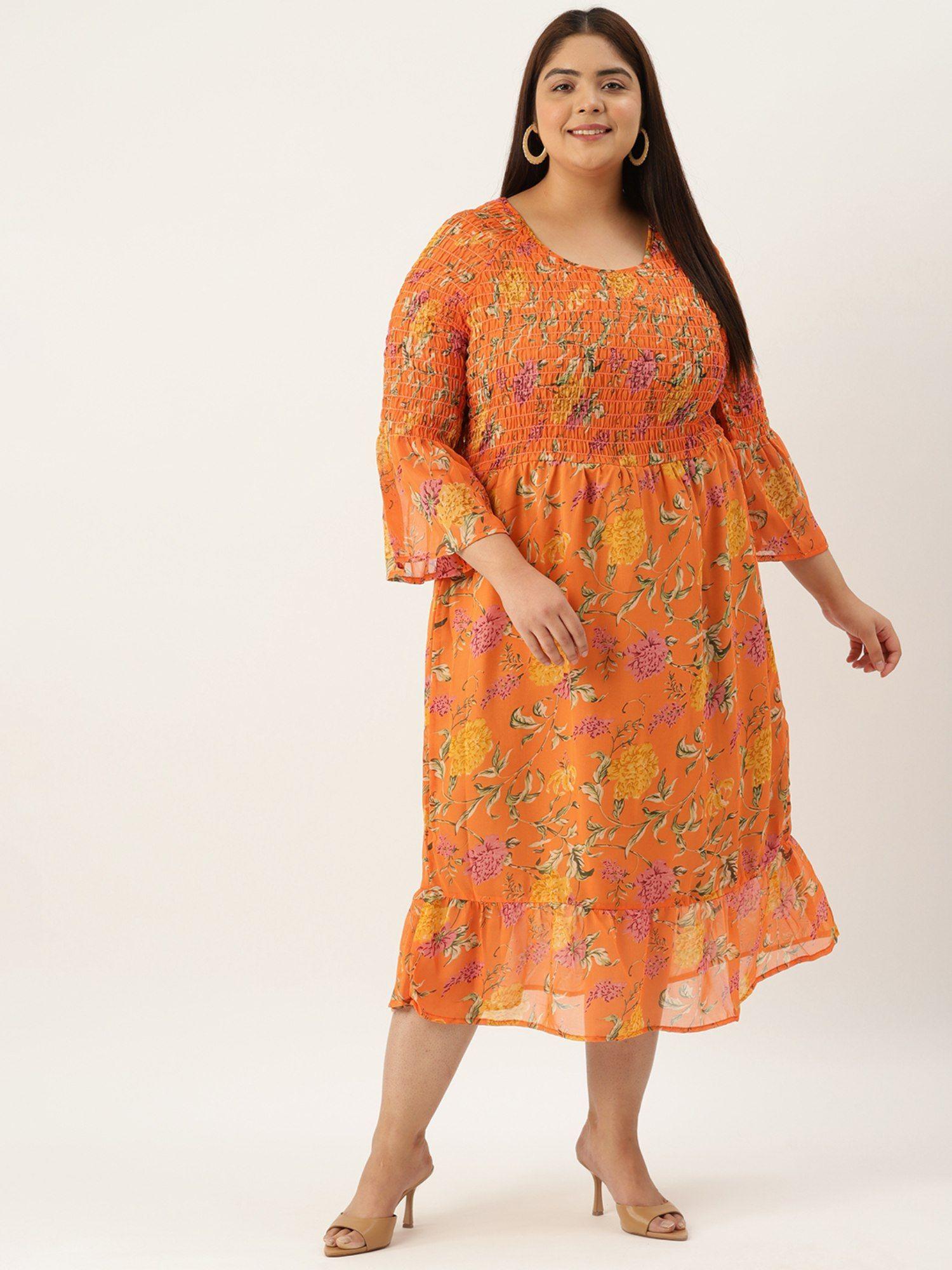 plus size women's orange floral printed georgette a-line midi dress